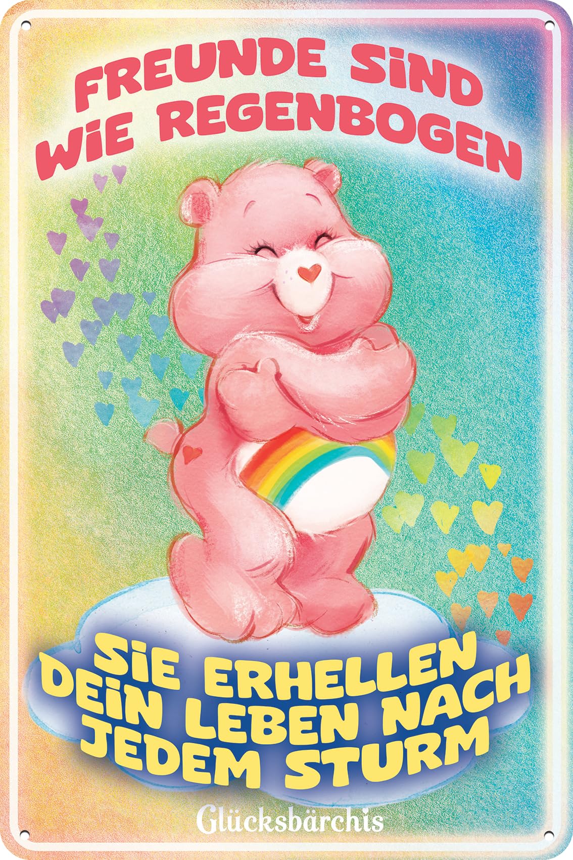 20 x 30 cm Blechschild passend für Glücksbärchis Fans – 80er Jahre Zeichentrick Hab-Dich-Lieb Bärchis – Care Bears Retro Schild, Fernseh, TV Serie Schild (Freude Regenbogen)
