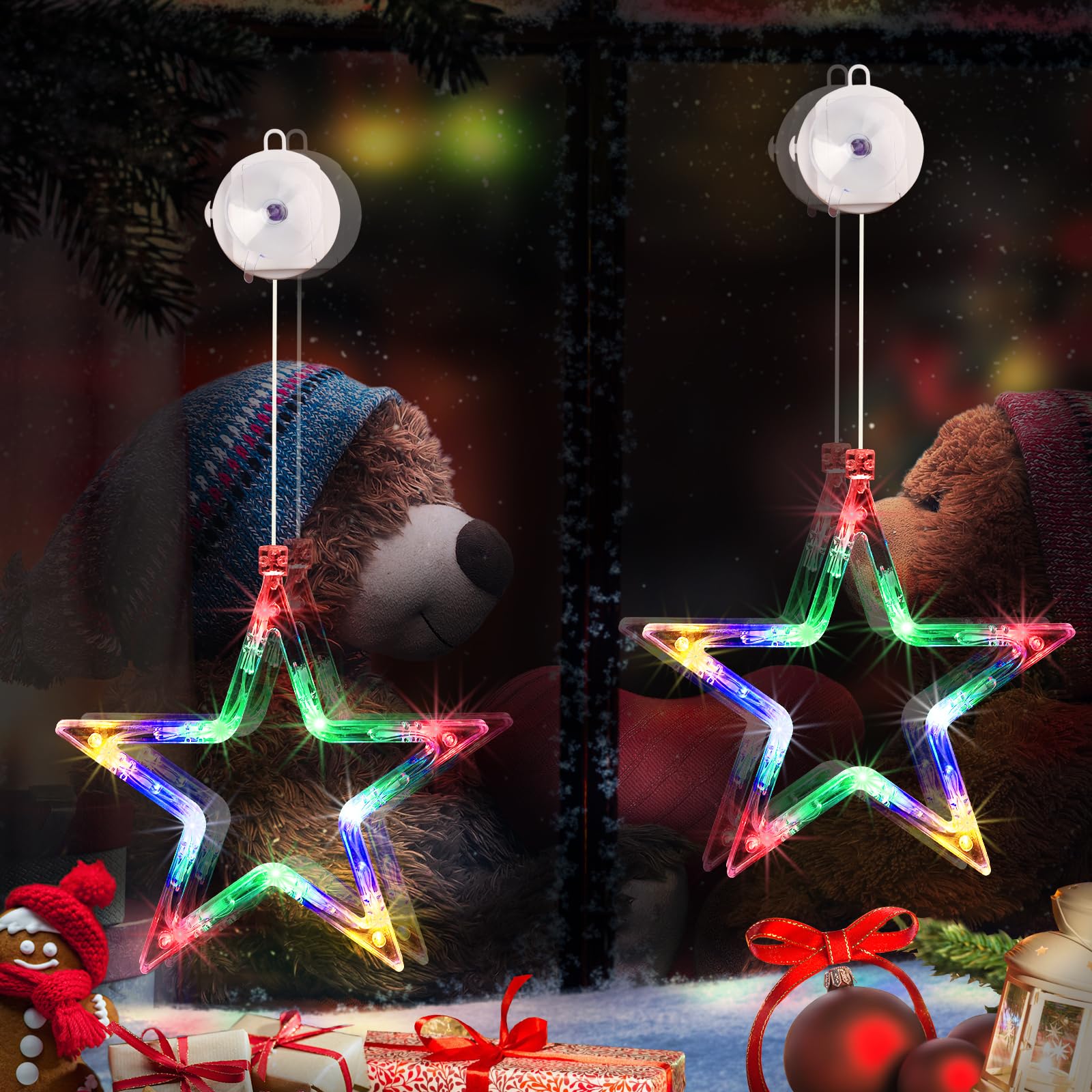 Qedertek Luci di Natale - 10 LED Tenda Luminosa, Tenda Luci Natalizie a Batteria, Colorate, Timer, Luci Natale Decorativa per Albero di Natale, Finestra, Porta, Matrimonio, Bar (2Pcs)