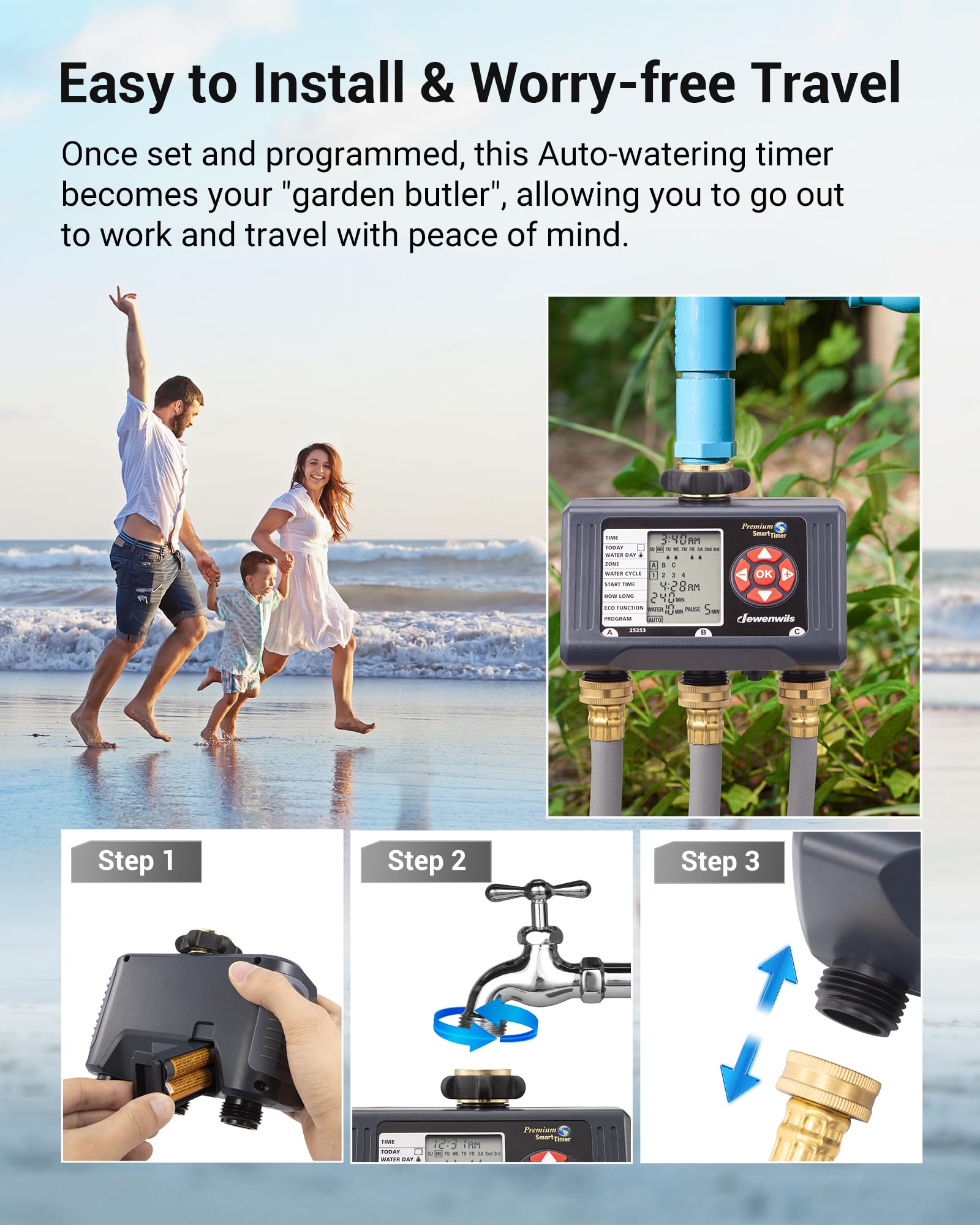 DEWENWILS Sprinkler Timer 3 Zone, Water Timer with 4 Programmable Procedures, Hose Timer Faucet Watering with Automatic/Rain Delay/Manual Mode, Outdoor Irrigation Timer Controller for Lawn, Garden