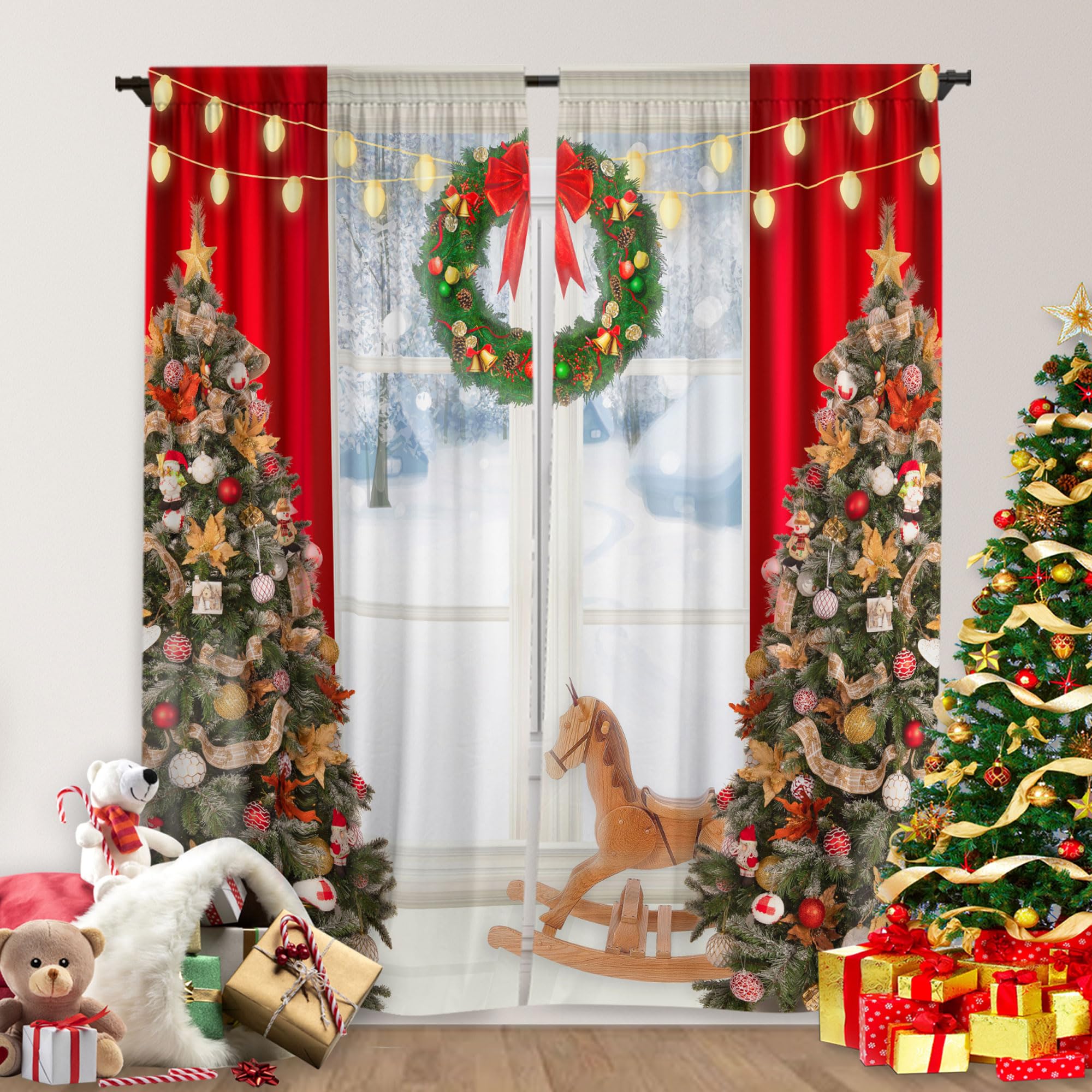 Yilinata Christmas Window Curtain Winter Xmas Tree Print