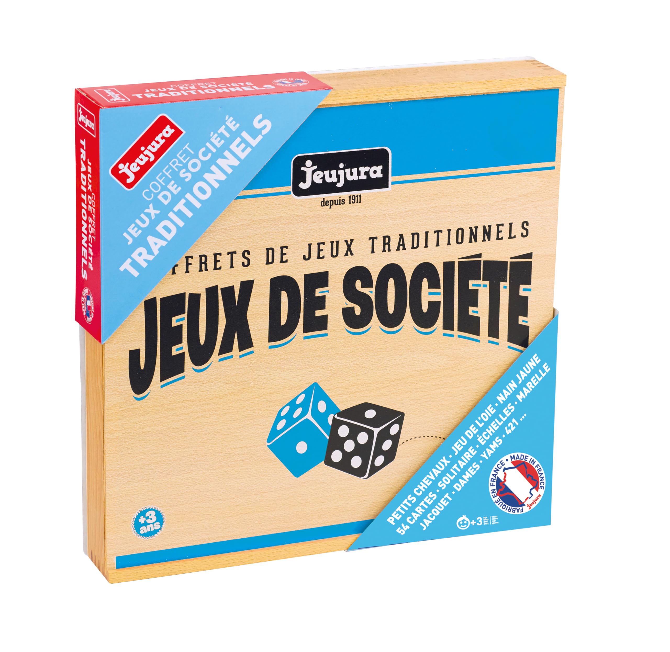 JEUJURA - Coffret Jeux de Société Traditionnels - Jeu en Bois 3 Ans - 8129 | Jeux traditionnels - Jeux des petits chevaux, de l'oie, des dames, nain jaune, yams, 421, loto - Jeu Enfant et Famille