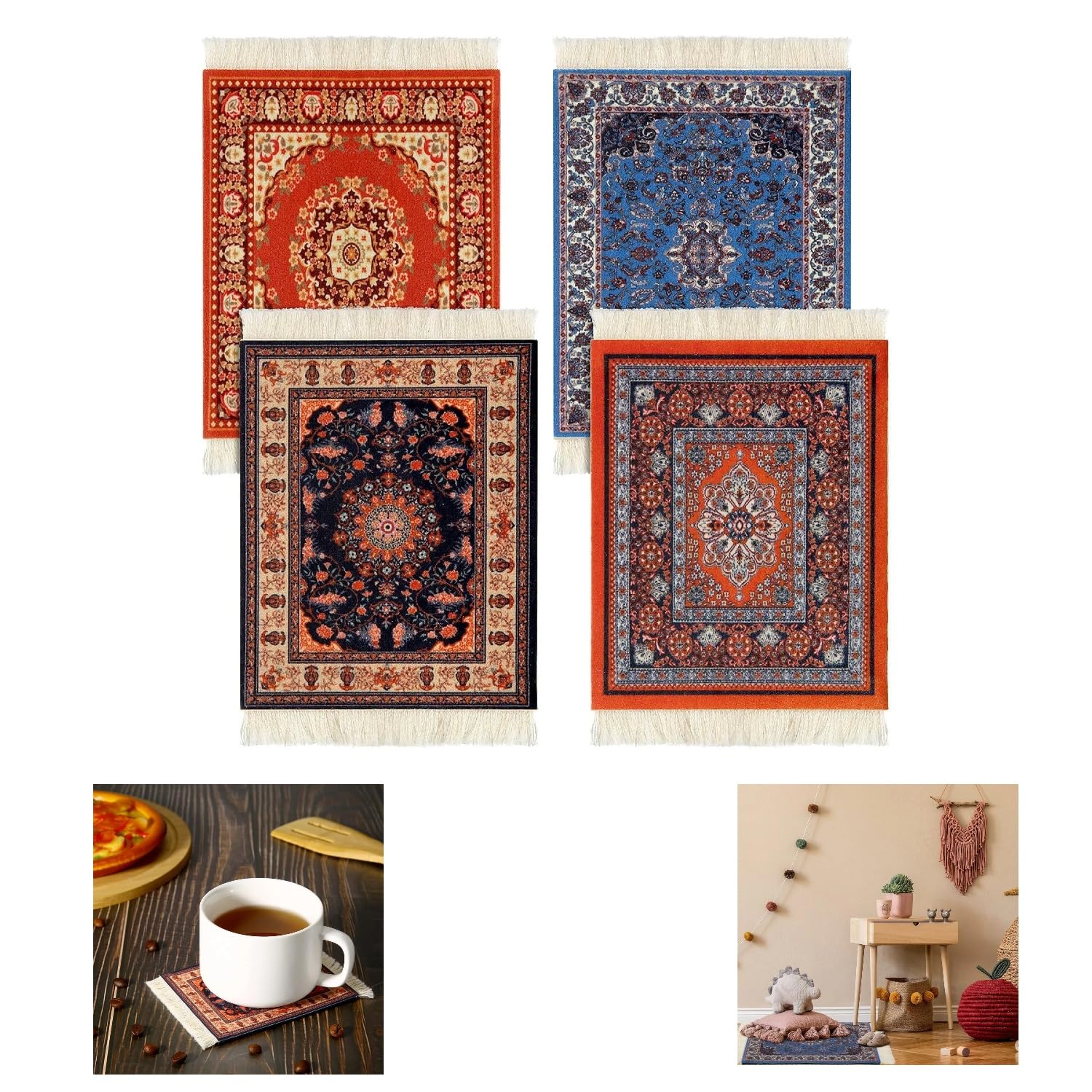 4 Pcs 18x28cm Oriental Design Fabric Coasters, Premium Rug Table Mats for Drinks, Home & Office Non-Slip Carpet Drink Holders, Elegant Kitchen & Bar Decor (Retro Pattern)