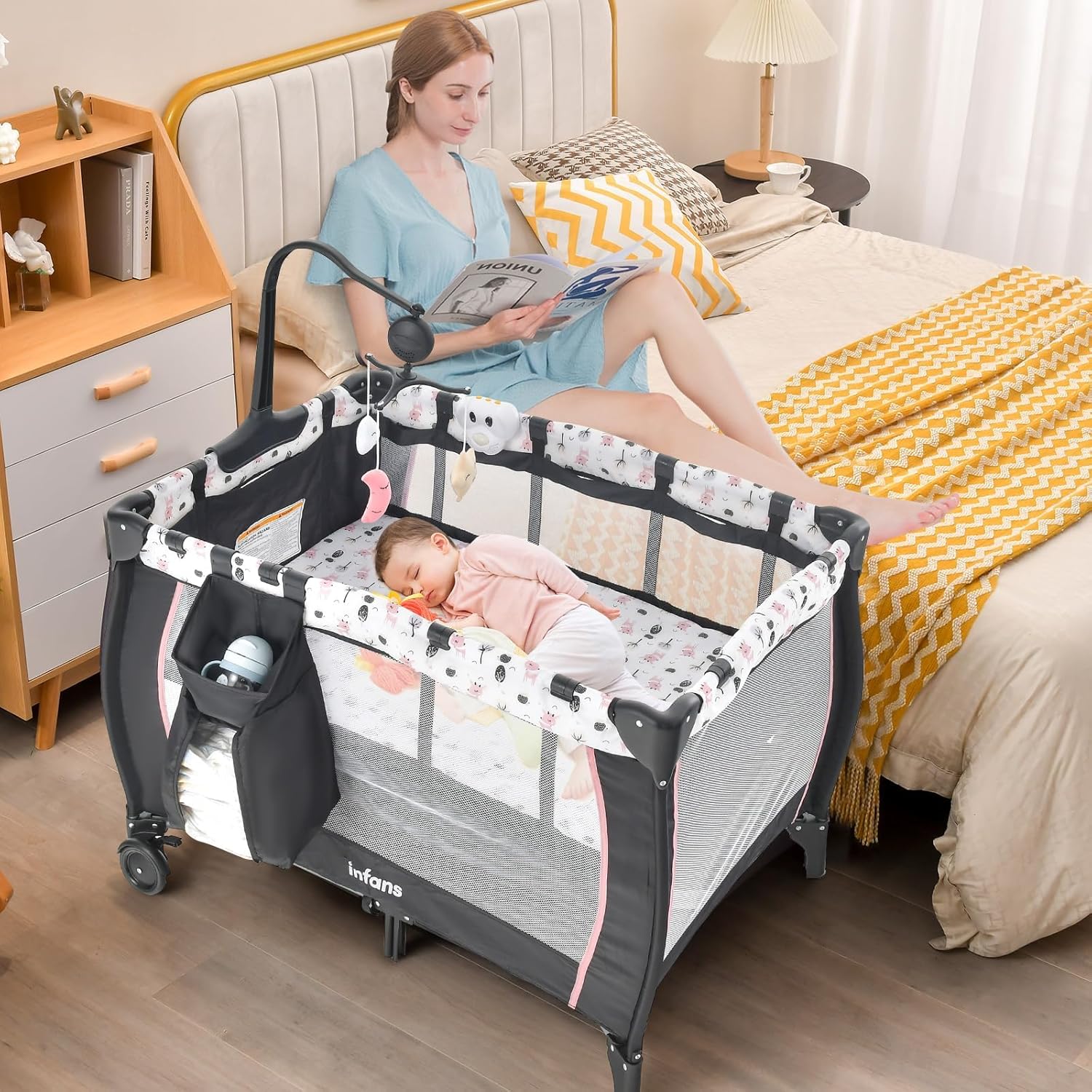 INFANS 3 in 1 Pack and Play, Portable Travel Baby Bassinet with Detachable Mattress, Changing Table, Foldable Playpen with Carry Bag, 2 Wheels (Cartoon)