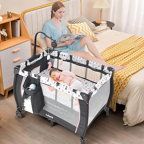 Miniatura 3 de INFANS Paquete y juego 3 en 1, cuna portátil de viaje para bebé con colchón desmontable, cambiador para recién nacidos, corralito plegable con bolsa