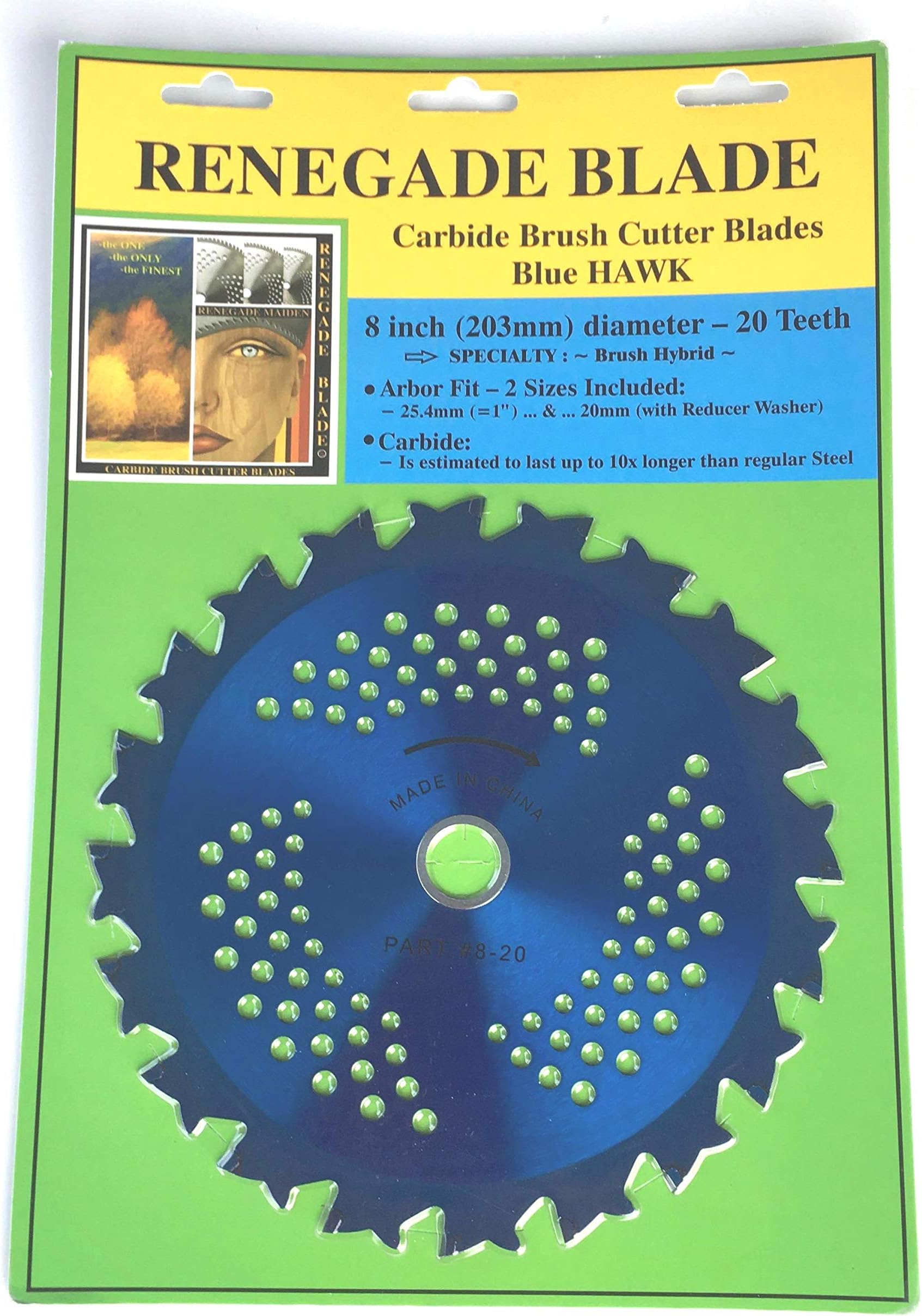 1 Blade 8"-20t - Renegade Hawk/Hybrid - Brush Specialty - RENEGADE BLADEยฎ - Carbide Brush Cutter Weed Eater Blades, 203mm Diameter
