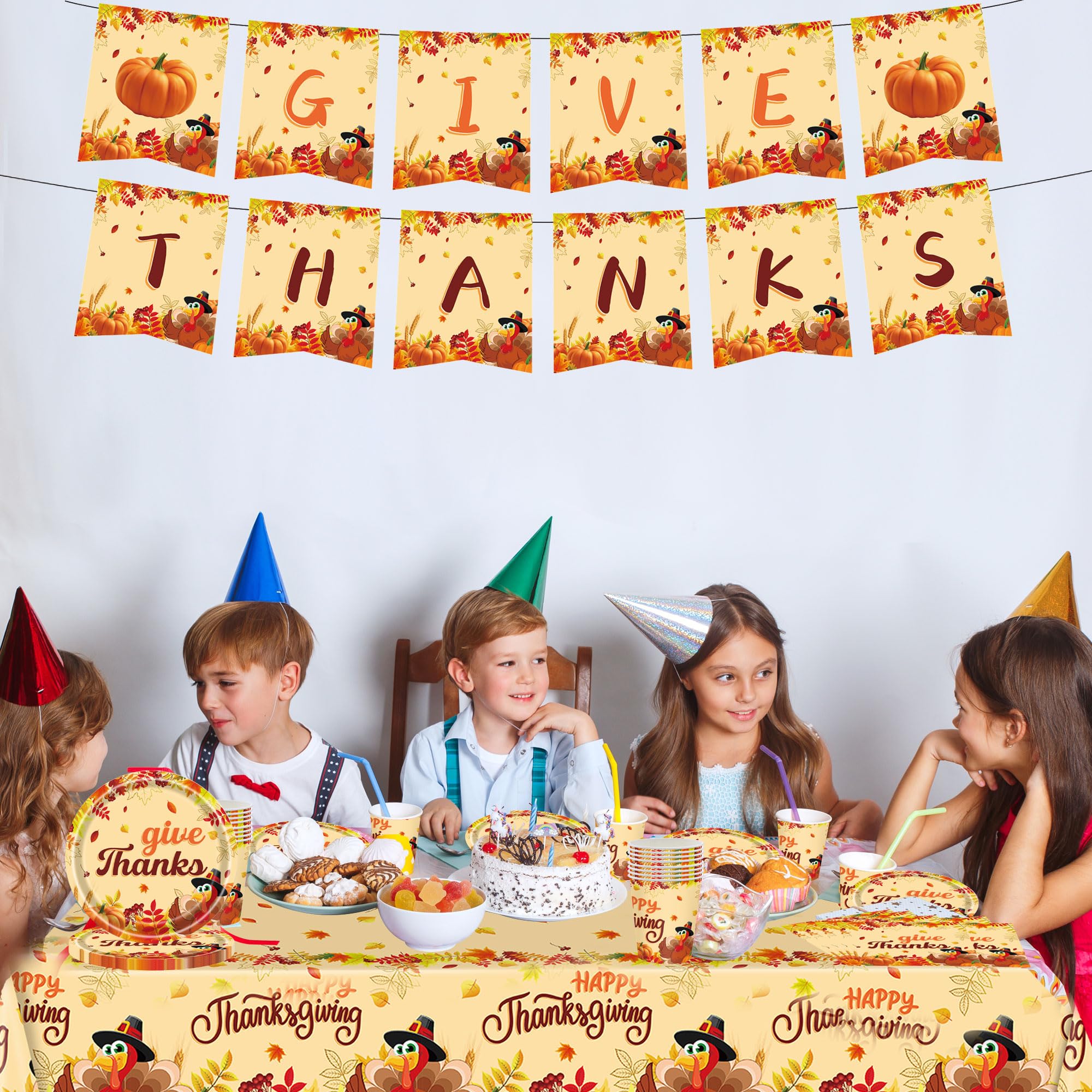 54Pcs Thanksgiving Tableware Decorations, Turkey Table Cloth, Banner, Paper Napkins - Image 4