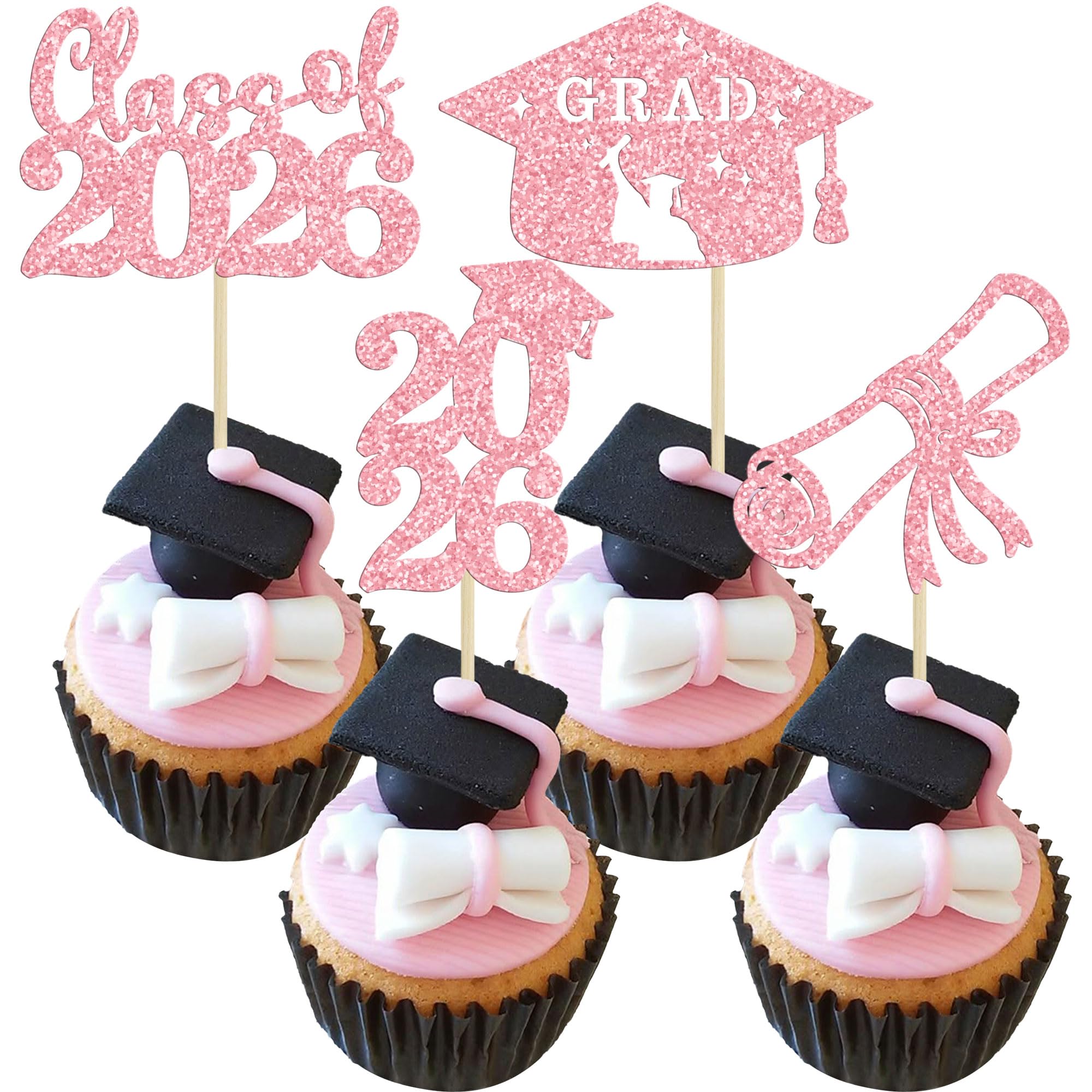 Ephlyn 24Pcs Graduation Cap Cupcake Toppers Glitter Diploma Grad Cap Class of 2026 Cupcake Picks Graduation Decorations for 2026 Grad Theme Party Cake Decorations Supplies Pink 2