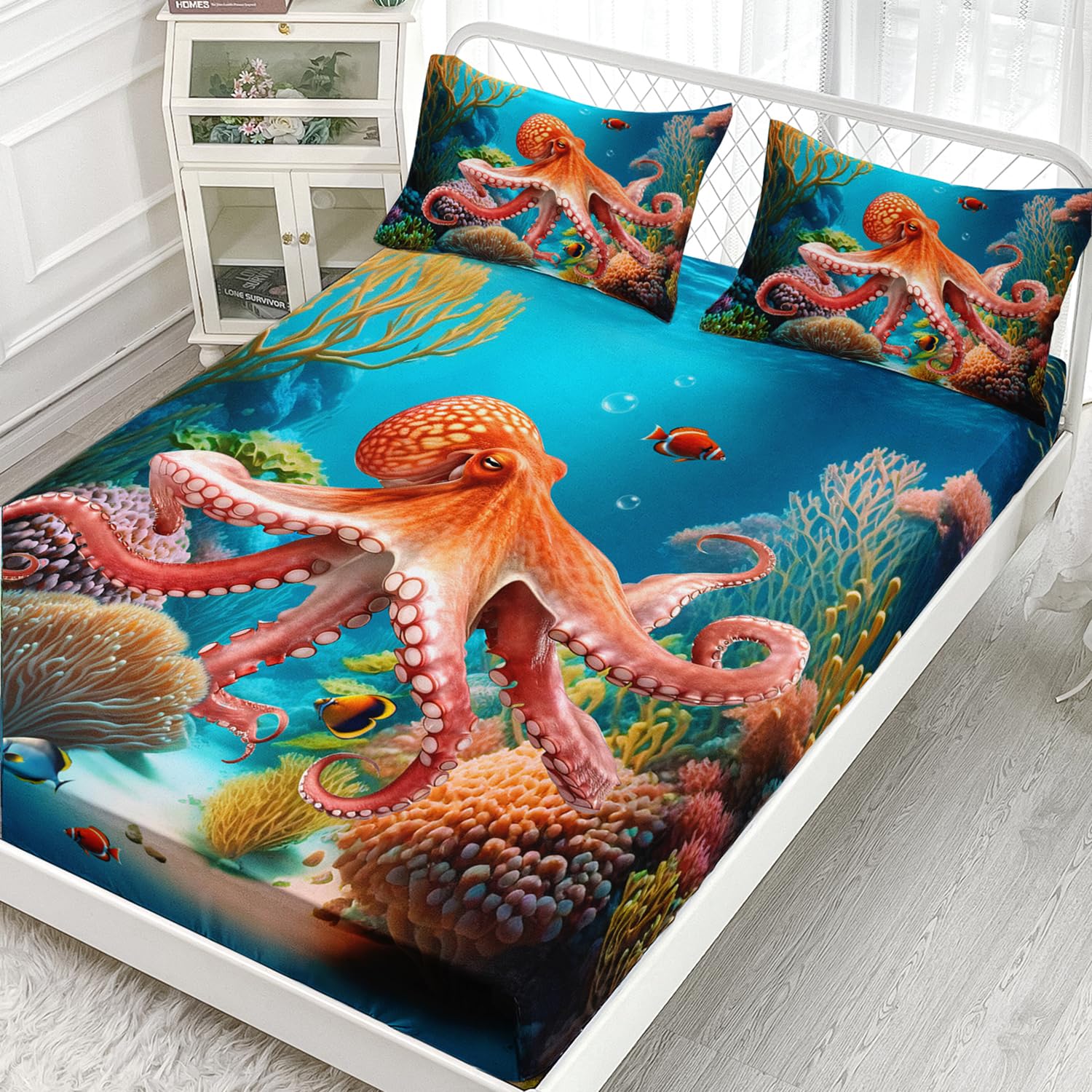 AILONEN Octopus Fitted Sheet Twin Size, 3D Octopus Turquoise Themed Bedding Set for Kids Boys,Boho Mandala Ocean Theme Bedding Set,3 Pieces,1 Soft Breathable Fitted Sheet and 2 Pillowcases