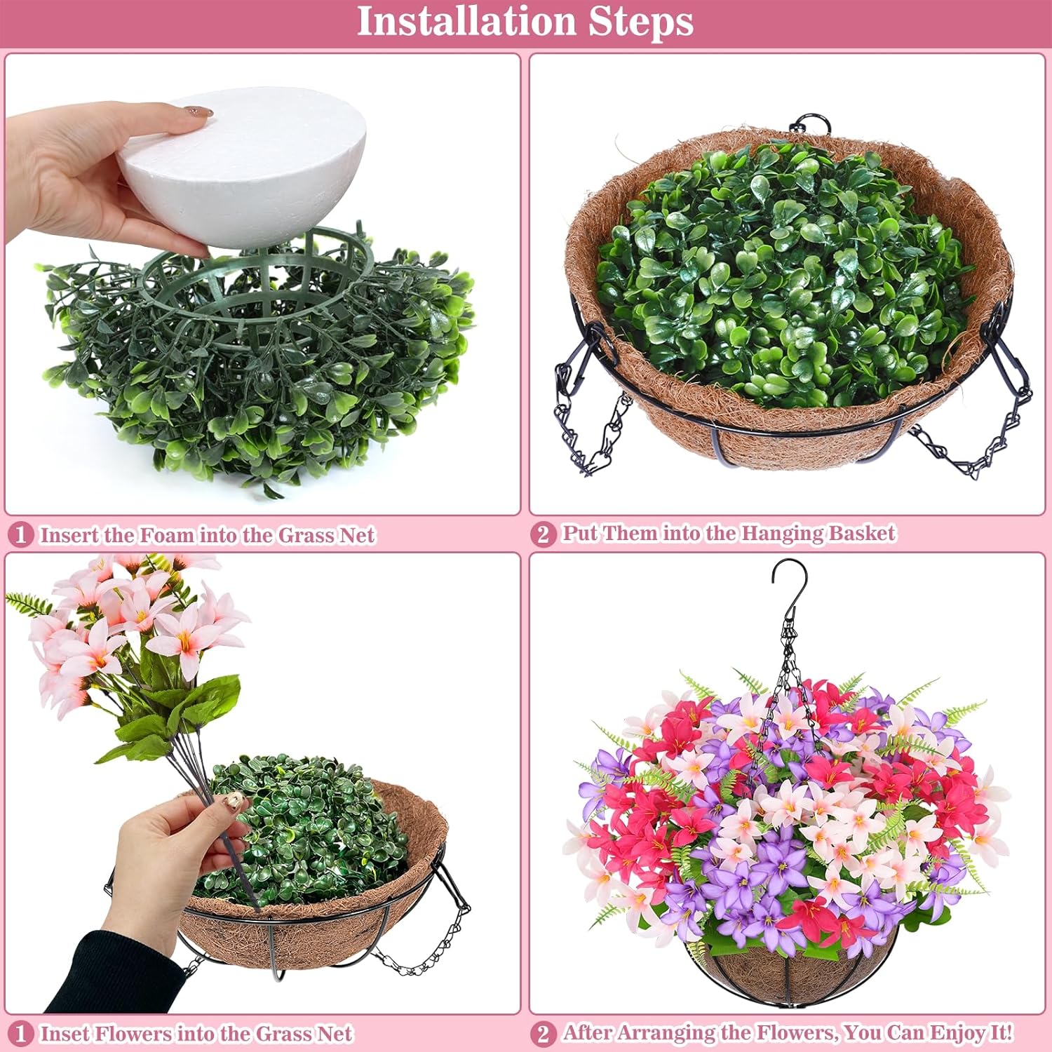 Artificial Faux Hanging Plants Flowers Basket for Outdoors Spring Summer Decoration, Hanging Planters with Fake Silk Hyacinth Flower UV Resistant for Outside Porch Patio Balcony Garden Purple Fuchsia