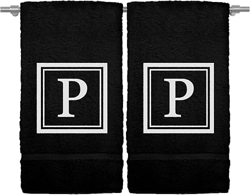 Miniatura 98 de Monogrammed Hand Towel, 16 x 30 Inches Set of 2, Personalized Gift- White Letter Embroidered with Square Design on Black Towel - Extra Absorbent