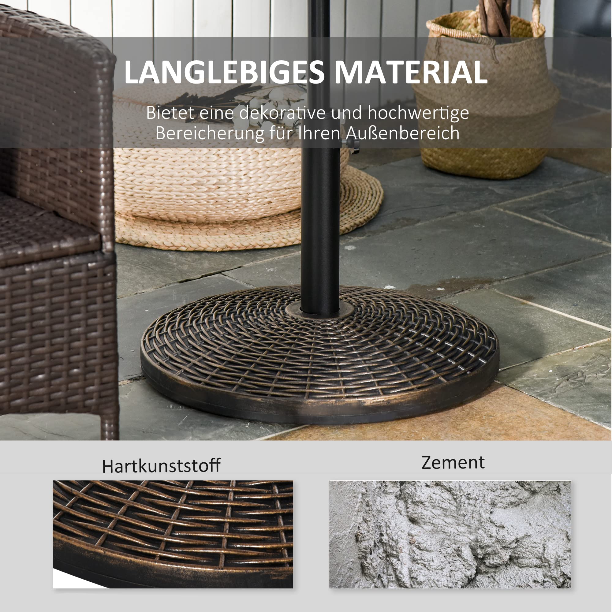 Outsunny Stojak na parasole przeciwsłoneczne, stojak na parasole 25 kg, imitacja rattanu, stojak na kosz Ø 35/Ø 38/Ø 48 mm tworzywo sztuczne + cement, antyczny brąz, Ø 53 x 40 cm