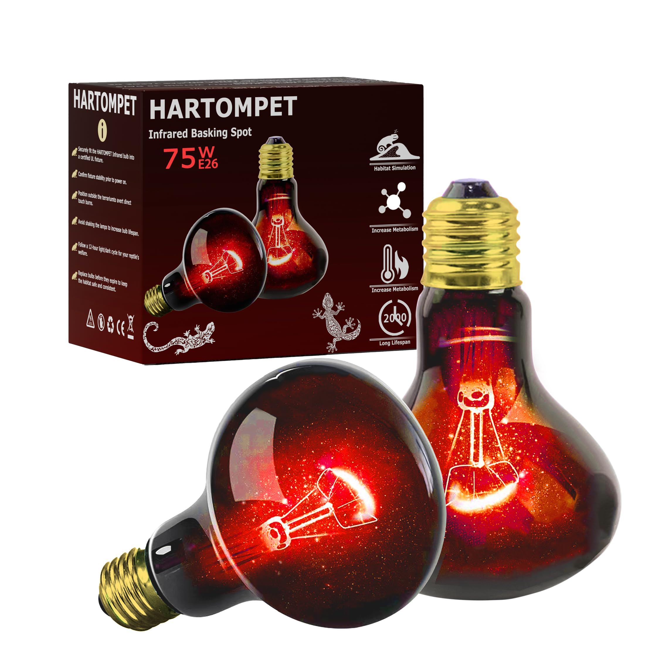 75W Red Infrared Reptile Heat Lamp Bulb, Basking Spot Light