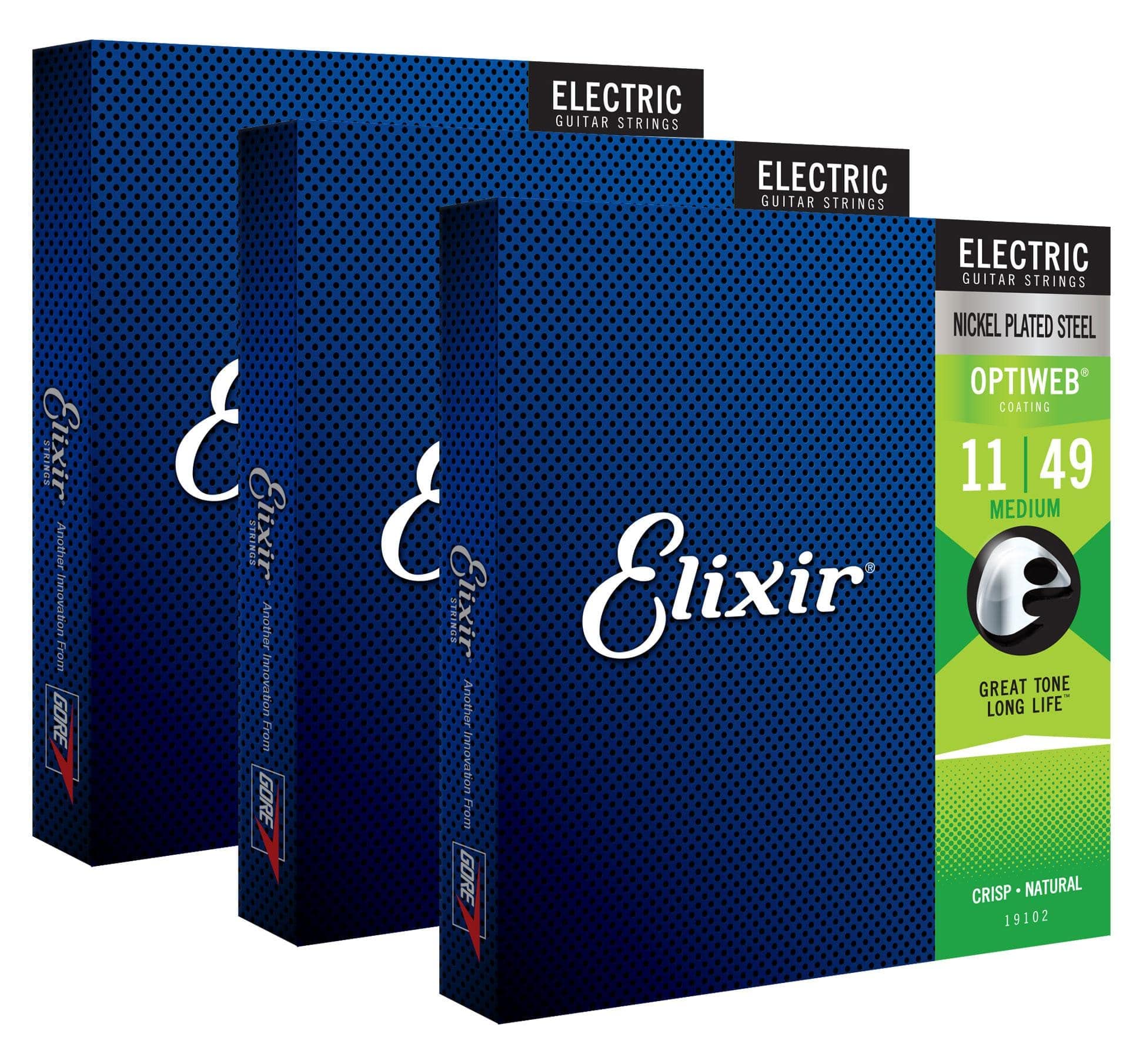 Elixir Electric Optiweb Medium zestaw 3 strun (struny do gitary elektrycznej, powłoka ze stali niklowej, grubość: 011-049)