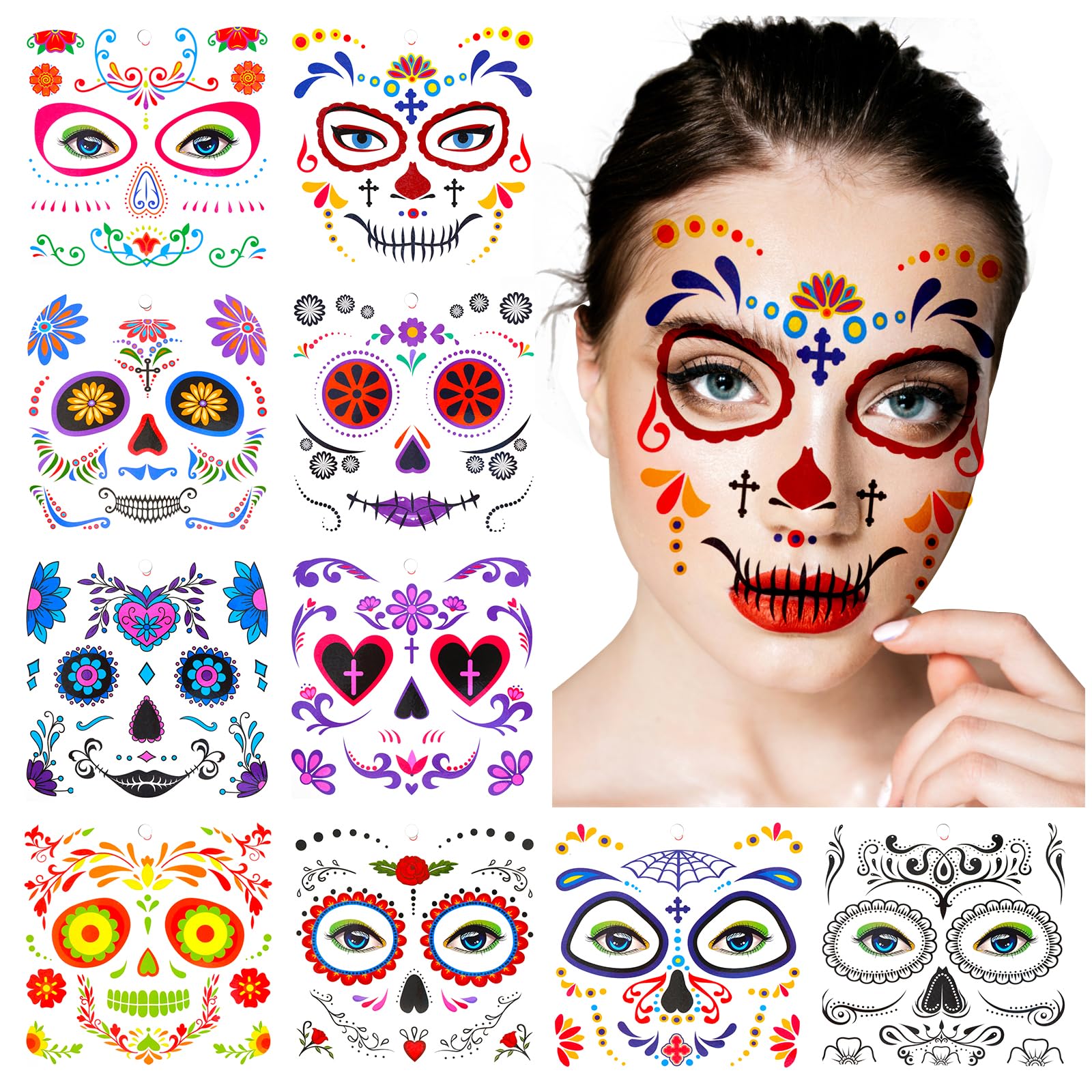 Amaxiu Day of the Dead Face Temporary Tattoos, 10 Sheets Halloween Floral Sugar Skull Temporary Face Tattoos Stickers Makeup Kit on Cheek Eye Forehead Nose Mouth for Halloween Masquerade Party
