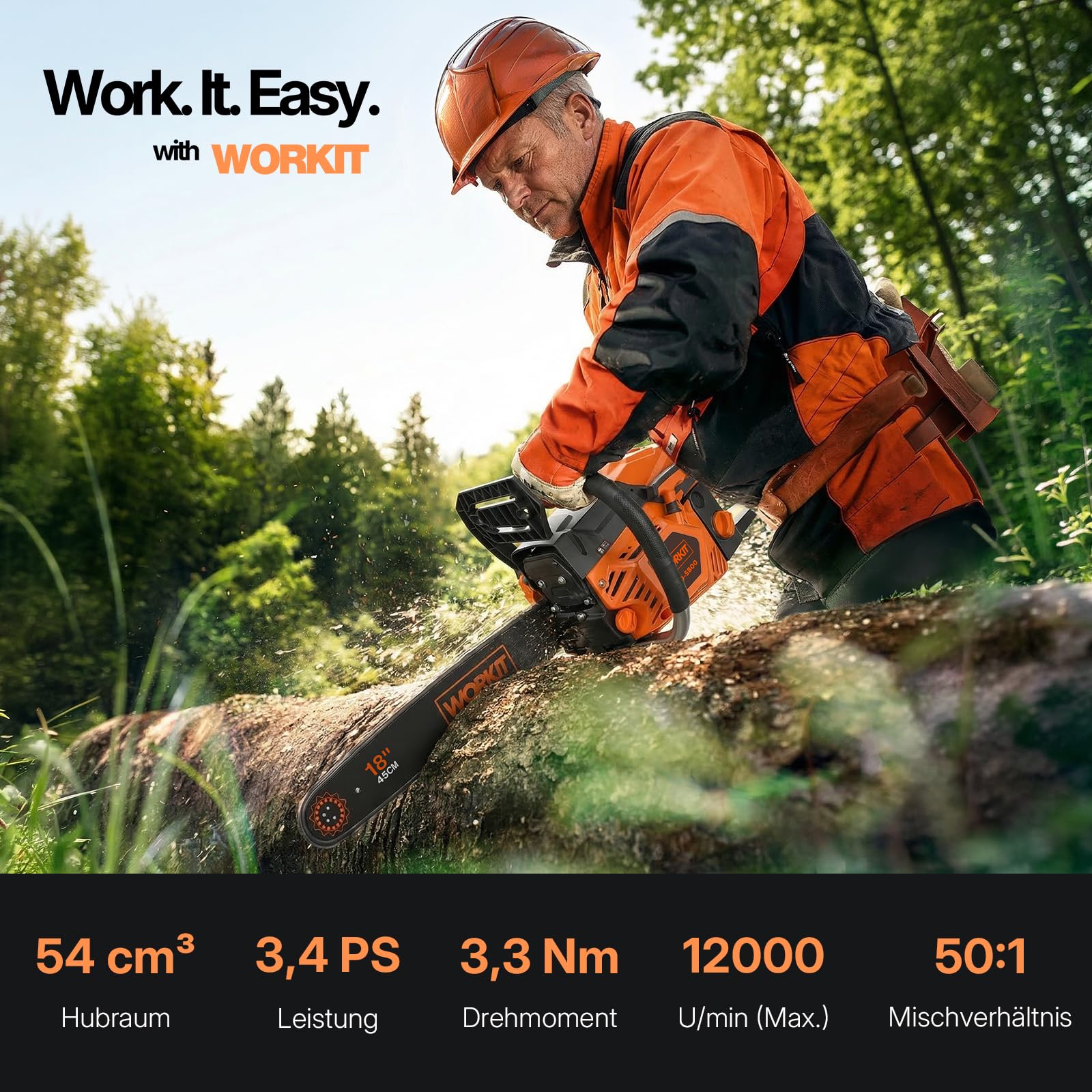WORKIT 54 cm³ Benzin Kettensäge (3,4 PS), Motorsäge Benzin Profi-Set mit 45 cm (18") & 40 cm (16") Schwert, Easy-Start Benzinkettensäge für Forst & Brennholz, 12.000 U/min, inkl. 2 Sägeketten
