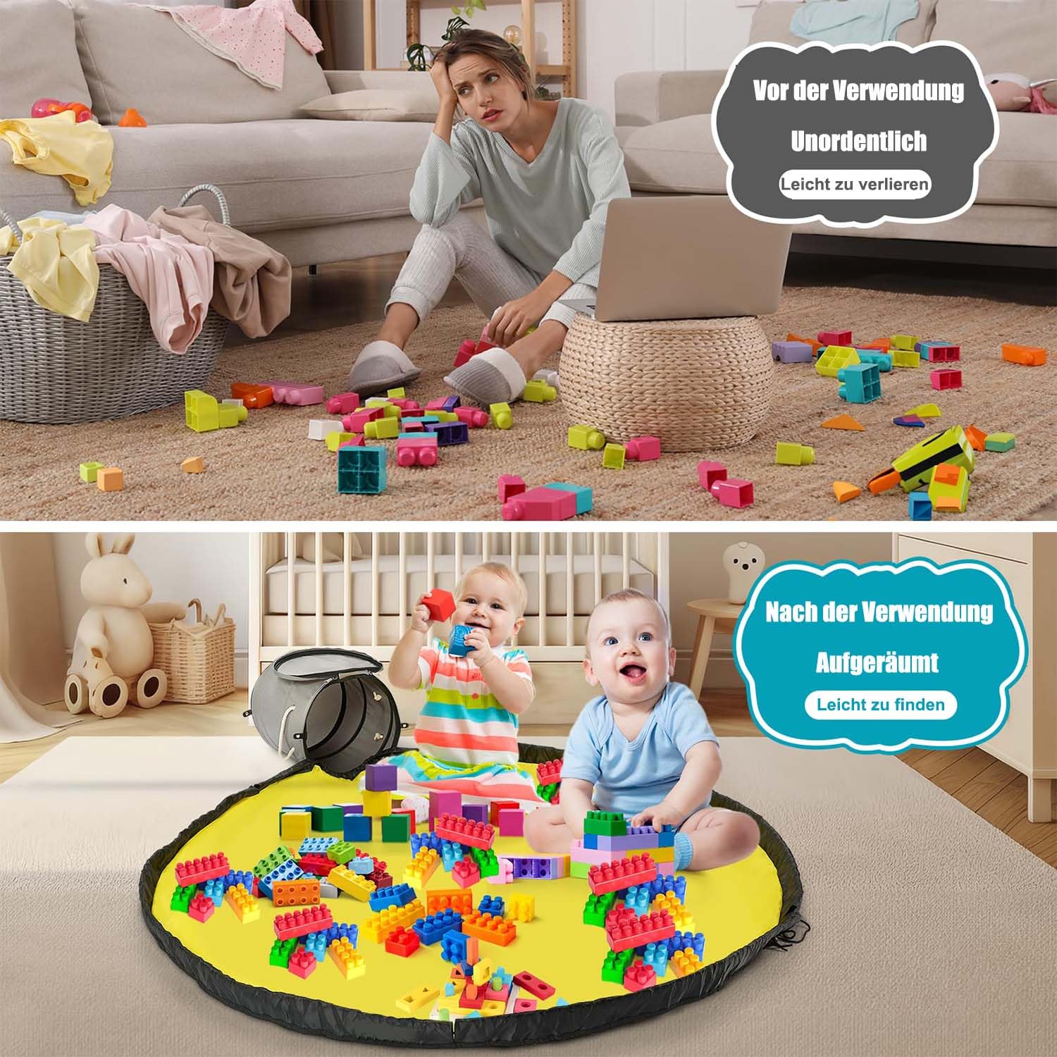 Borsa portaoggetti per giocattoli, mattoncini da costruzione, con tappetino da gioco e coperchio, contenitore con tappeto da gioco, cestino per la cameretta dei bambini, regalo per bambini