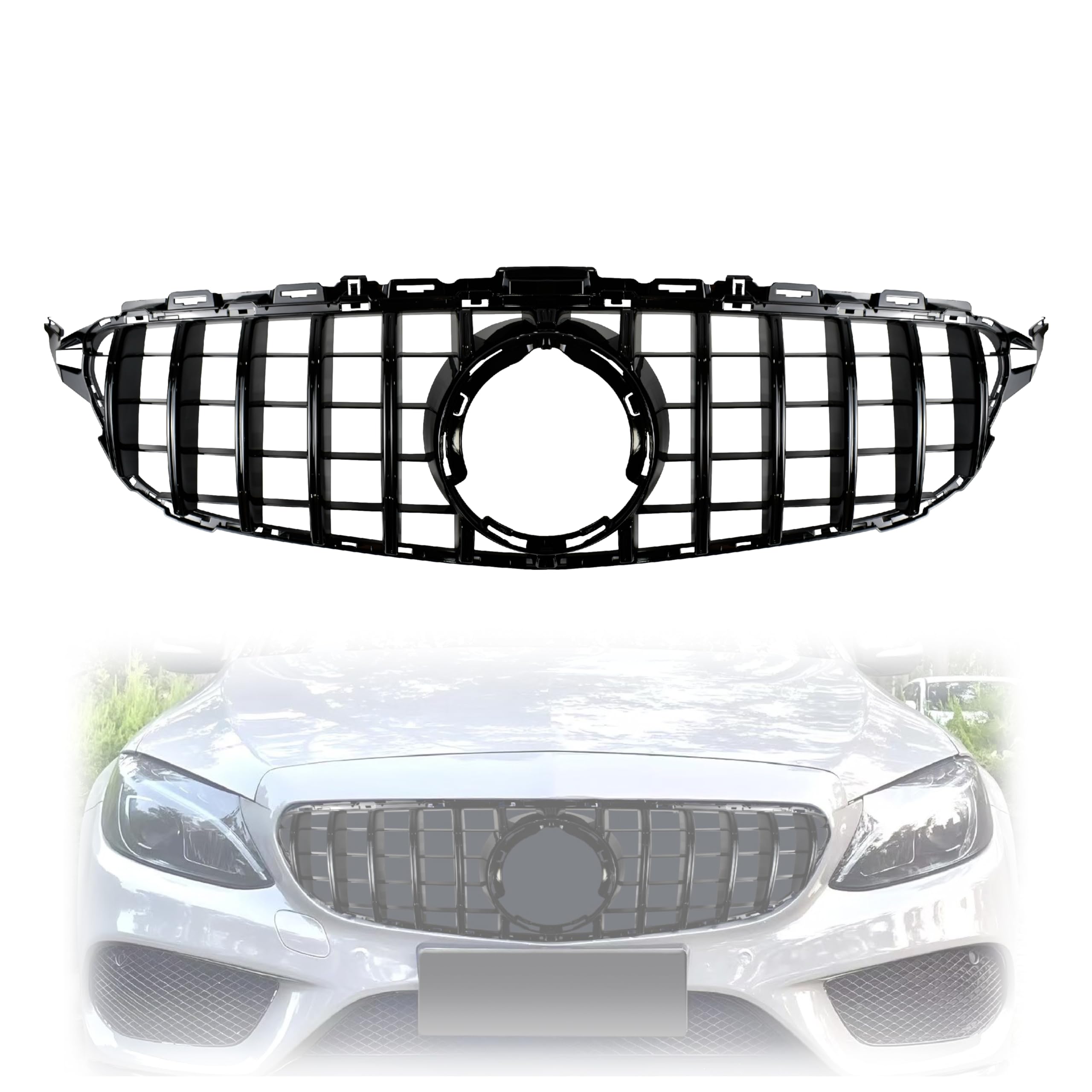 Black Front Upper Grille Compatible with 2019 2020 2021 Mercedes Benz C-class W205 C250 C300 C350 Benz Gloss Black GTR GT Style ABS Grille