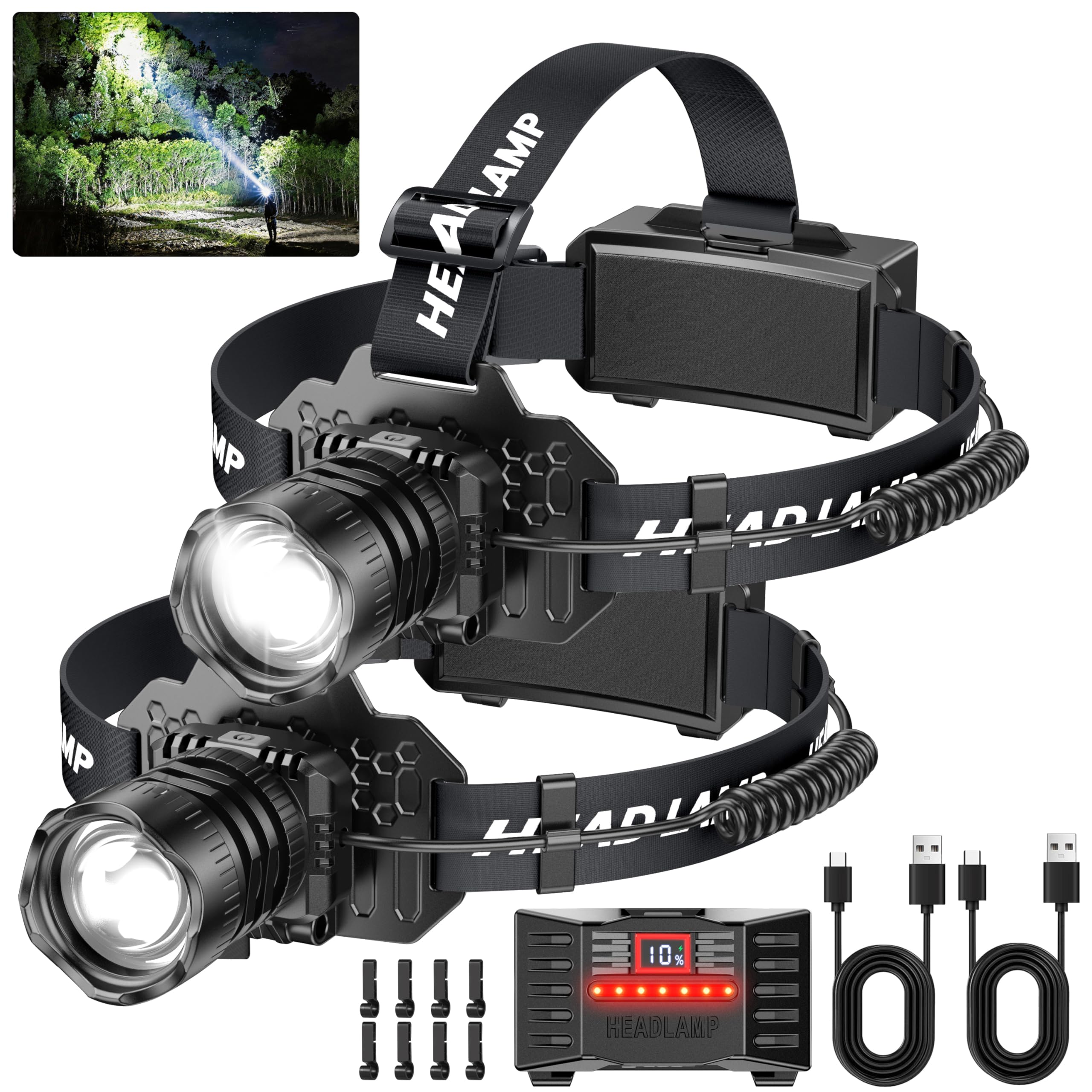 Rechargeable LED Headlamp 2-Pack - 3500 Lumens Super Bright with Motion Sensor 90 Rotation - Waterproof Headlight for