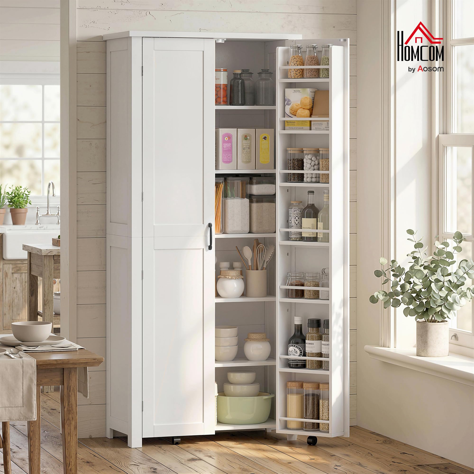 HOMCOM Credenza Cucina Alta 180cm, Mobile Dispensa con Ruote, Doppie Ante, 6 Ripiani, 14 Scomparti Portaspezie sulla Porta, Ripiani Regolabili, Mobile Cucina per Sala da Pranzo Soggiorno, Bianco