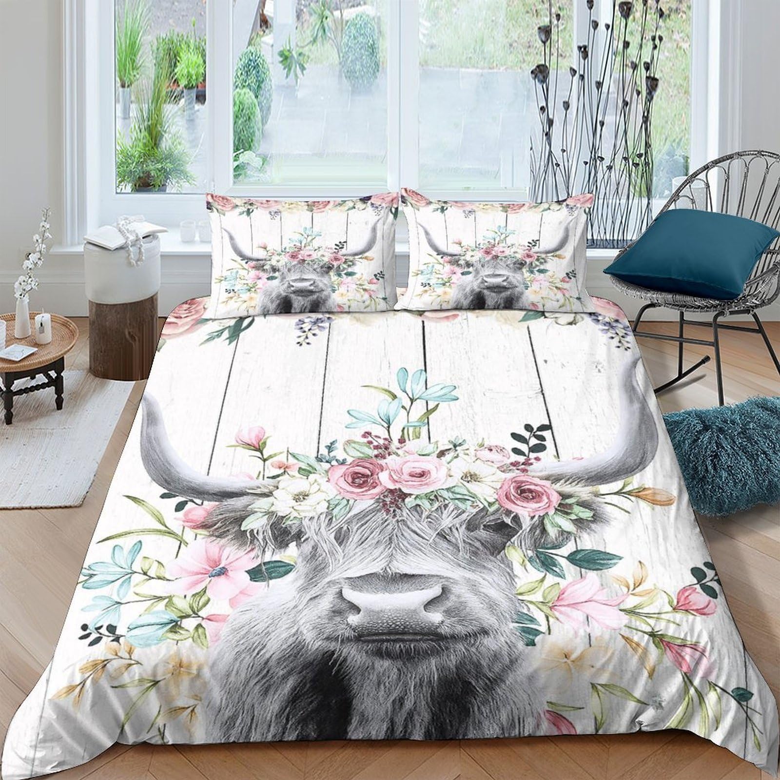 GPLZQXKJNH 3D Printed Highland Cow Duvet Cover Set Microfiber Soft Floral Animal Bedding Set with 2 Pillowcases for Bedroom Decor Single（135x200cm）