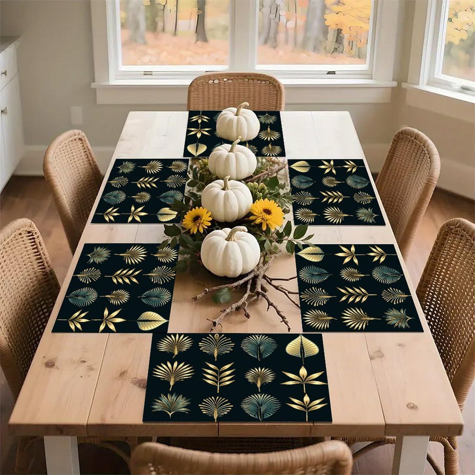 Golden Palm Leaves Placemats Wipeable Heat Resistant Table Mats Washable Flax Place Mats Elegant Cloth Non-Slip Placemat for Kitchen Dinning Party Table Decor 12 * 18 in