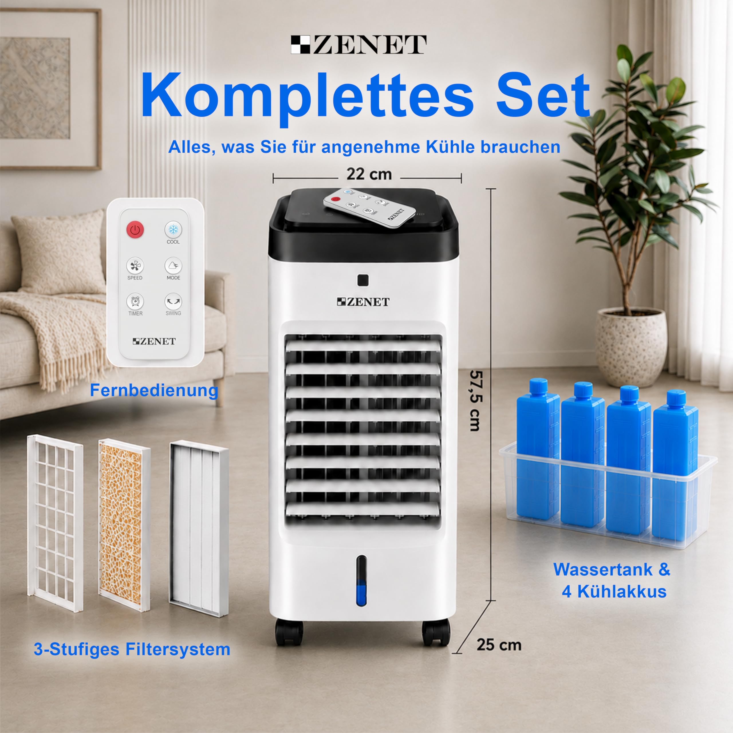 ZENET Luftkühler & Klimaanlage Mobil ohne Abluftschlauch 4-in-1 (3.5L, 65W) | Tragbare Ventilator mit Wasserkühlung, Luftbefeuchter, Luftreiniger für Zuhause, Zimmer, Büro, Timer, Fernbedienung