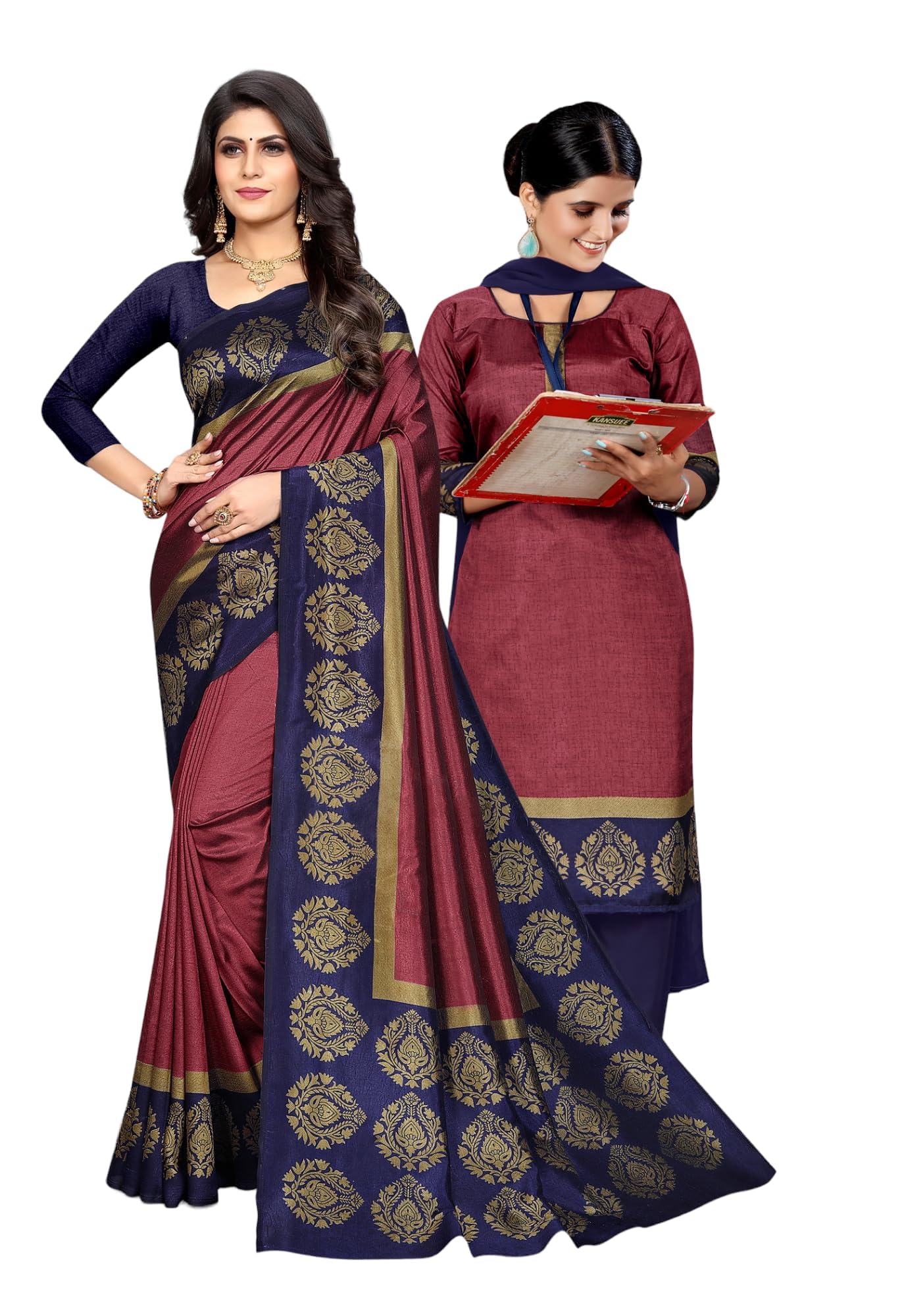 Women's Art Silk Uniform Printed Unstitched Salwar Pant with Dupatta Set and Saree Unstitched Blouse Piece | Office Uniform Saree For Women | School Uniform Saree For Teacher | Combo Pack of 2-image-2