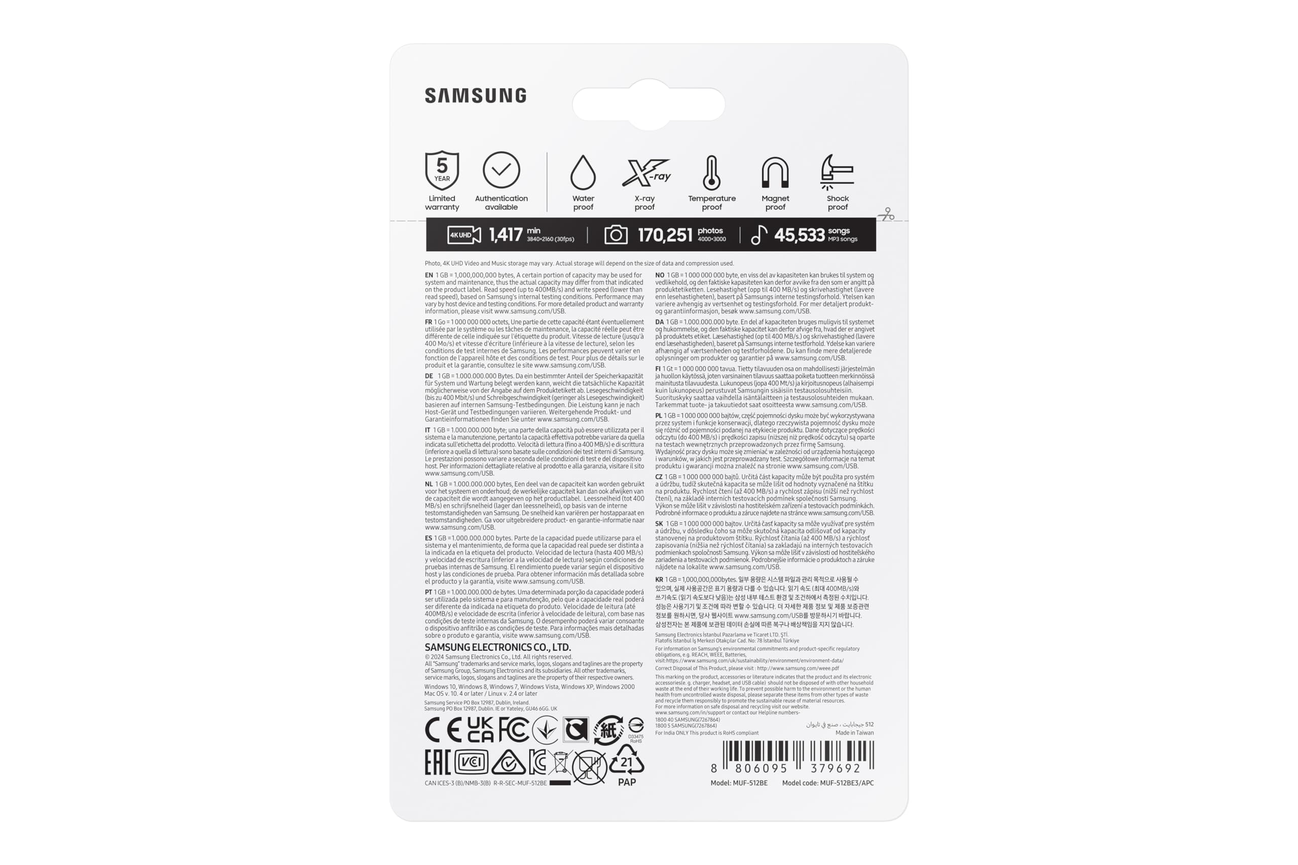 Samsung Clé USB BAR Plus, USB 3.2 Gen 1, 512 Go, 400 Mo/s en lecture, Résistante aux chocs, Couleur Champagne, MUF-512BE3/APC