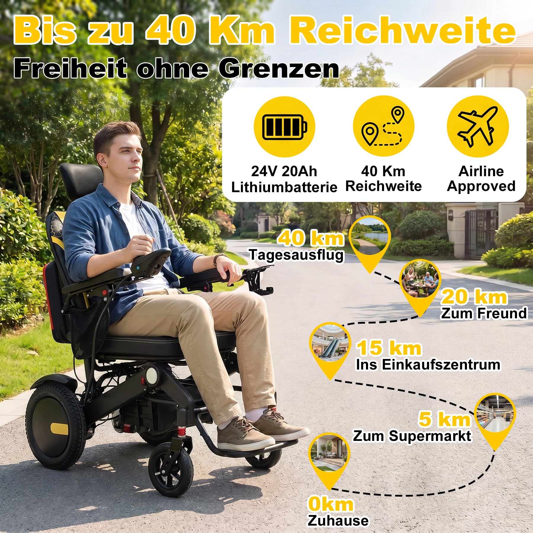 Elektrischer Rollstuhl 40 km Reichweite mit Liegefunktion | Faltbar, Extra-breiter Sitzbezug, Intelligente Fernbedienung, Intelligente Bremse, Ergonomisch