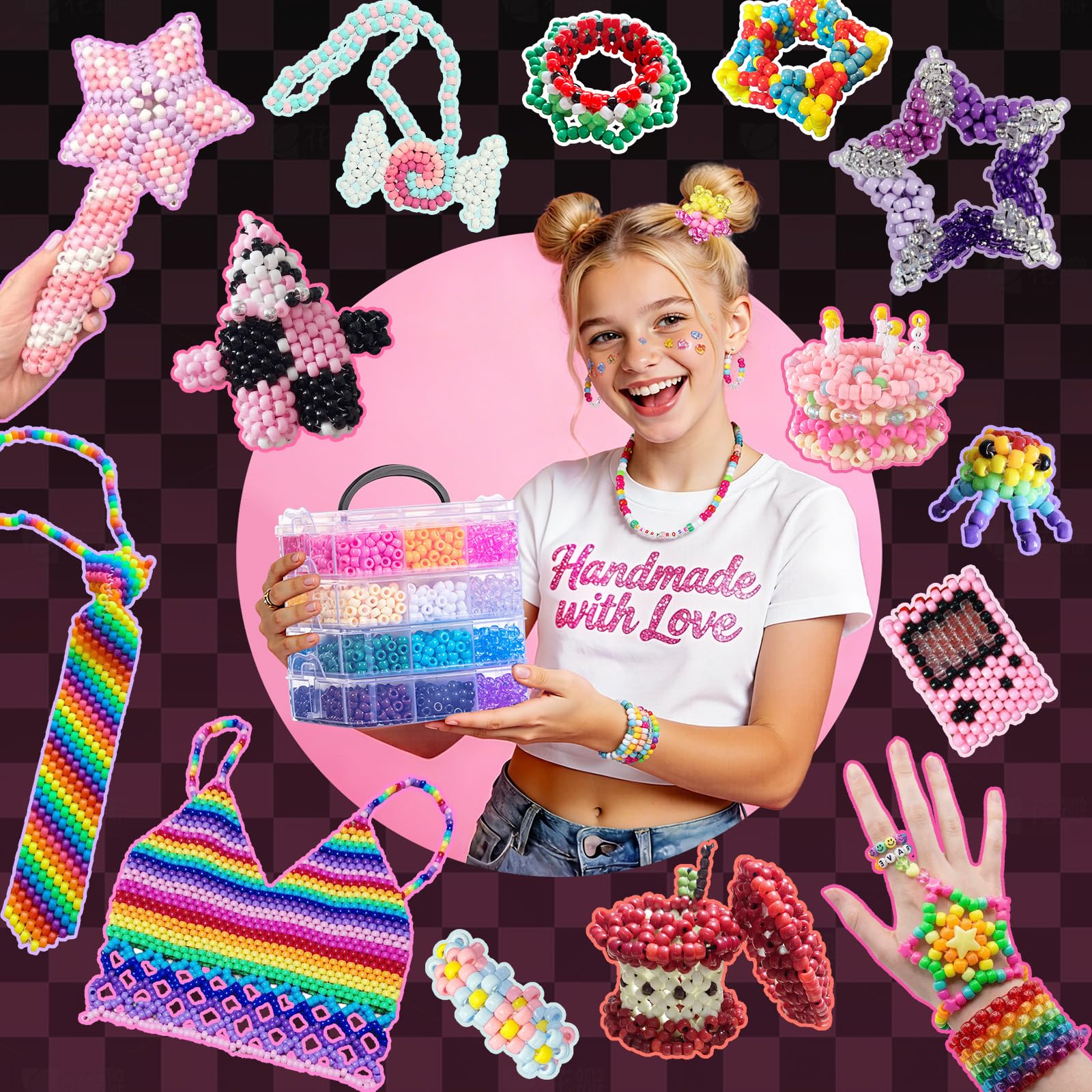 Simetufy 4200 cuentas de pony, 24 colores, cuentas Kandi para hacer pulseras | Plástico de 6 x 9 mm para trenzas de cabello, llavero, joyería, manualidades, 2.5 libras
