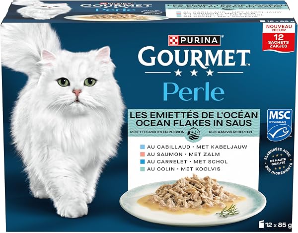 GOURMET | Perle | Les Emiettés de l'Océan | Aliment Humide Complet pour Chat Adulte| Au Poisson certifié de l'écolabel MSC : Saumon, Colin, Carrelet, Cabillaud | Sachets Fraîcheur | 12 x 85g - 2