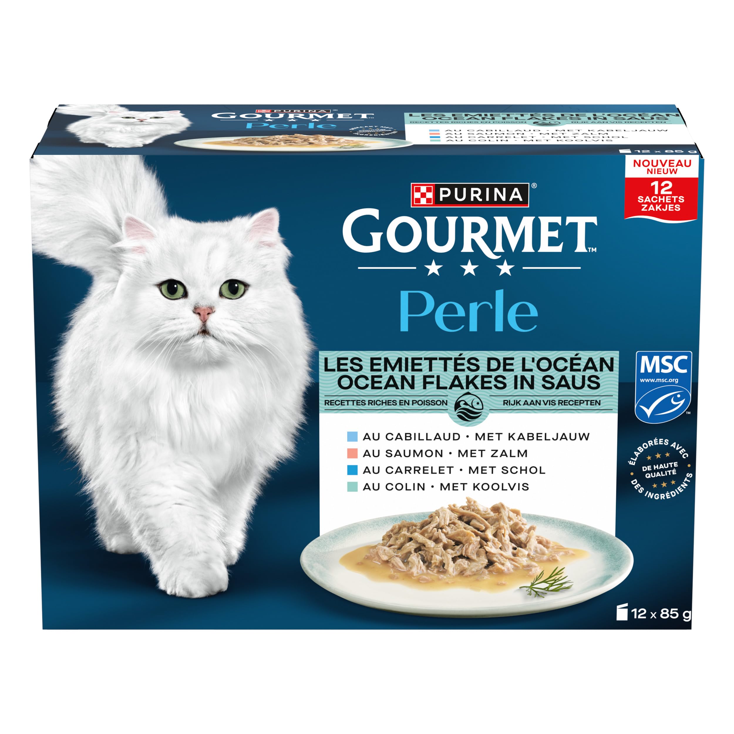 GOURMET | Perle | Les Emiettés de l'Océan | Aliment Humide Complet pour Chat Adulte| Au Poisson certifié de l'écolabel MSC : Saumon, Colin, Carrelet, Cabillaud | Sachets Fraîcheur | 12 x 85g