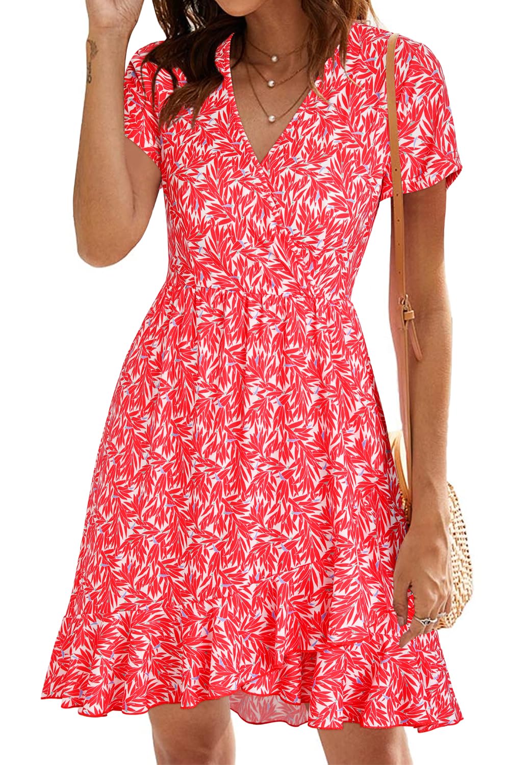 ULTRANICE Womens Summer Dresses Floral V Neck Ruffled Hem Spaghetti Spring Casual Beach Outfits Flowy Wrap Sun Dress