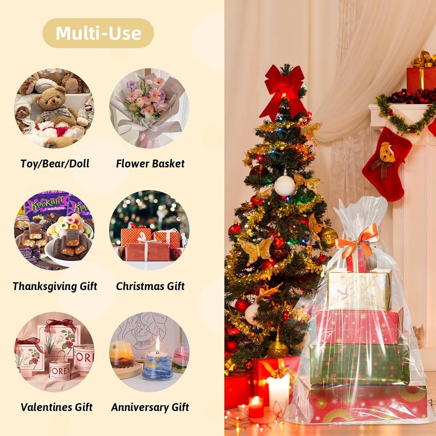 WIKDAY Cellophane Wrap for Gift Baskets 5 PCS 40x50 Inches Large Clear Cello Gift Bags with Ties Plastic for Gift Giving, Packaging Products