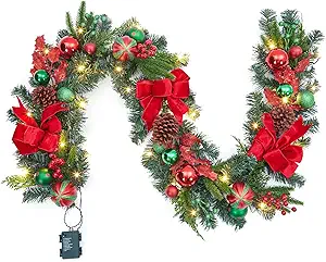 GarveeHome 6ft Prelit Christmas Garland with Lights, Prelit Outdoor Xmas Garland with 20 LED Lights Red Green Balls & Velvet Bow for Indooor Mantle Fireplace Stairs Railing Decorations