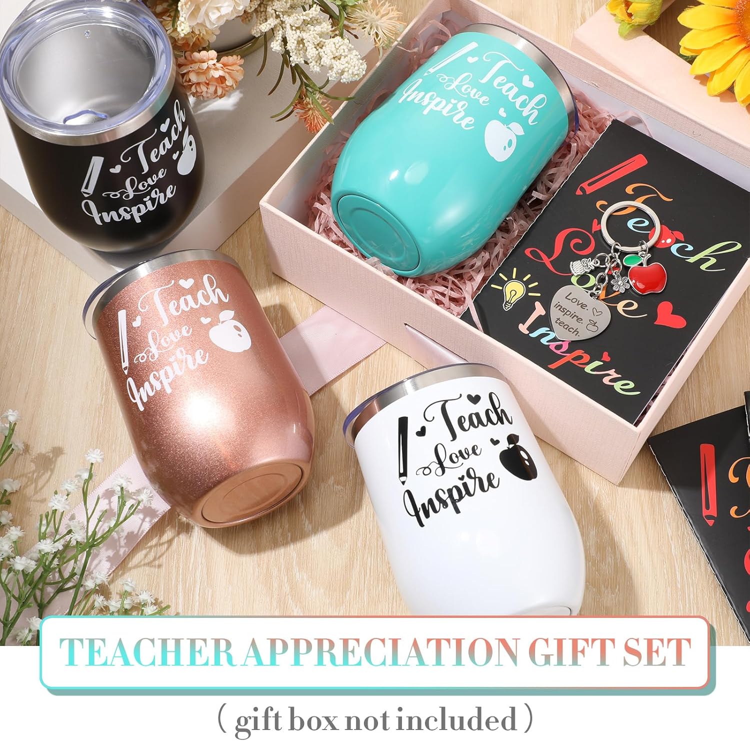 12 Pcs Teacher Appreciation Graduation Gifts Bulk for Women, Teach Love Inspire Tumbler Set 12 oz Wine Cup with Mini Journal Notepads Keychains Teachers Day Retirement(Cute Color) - Image 4