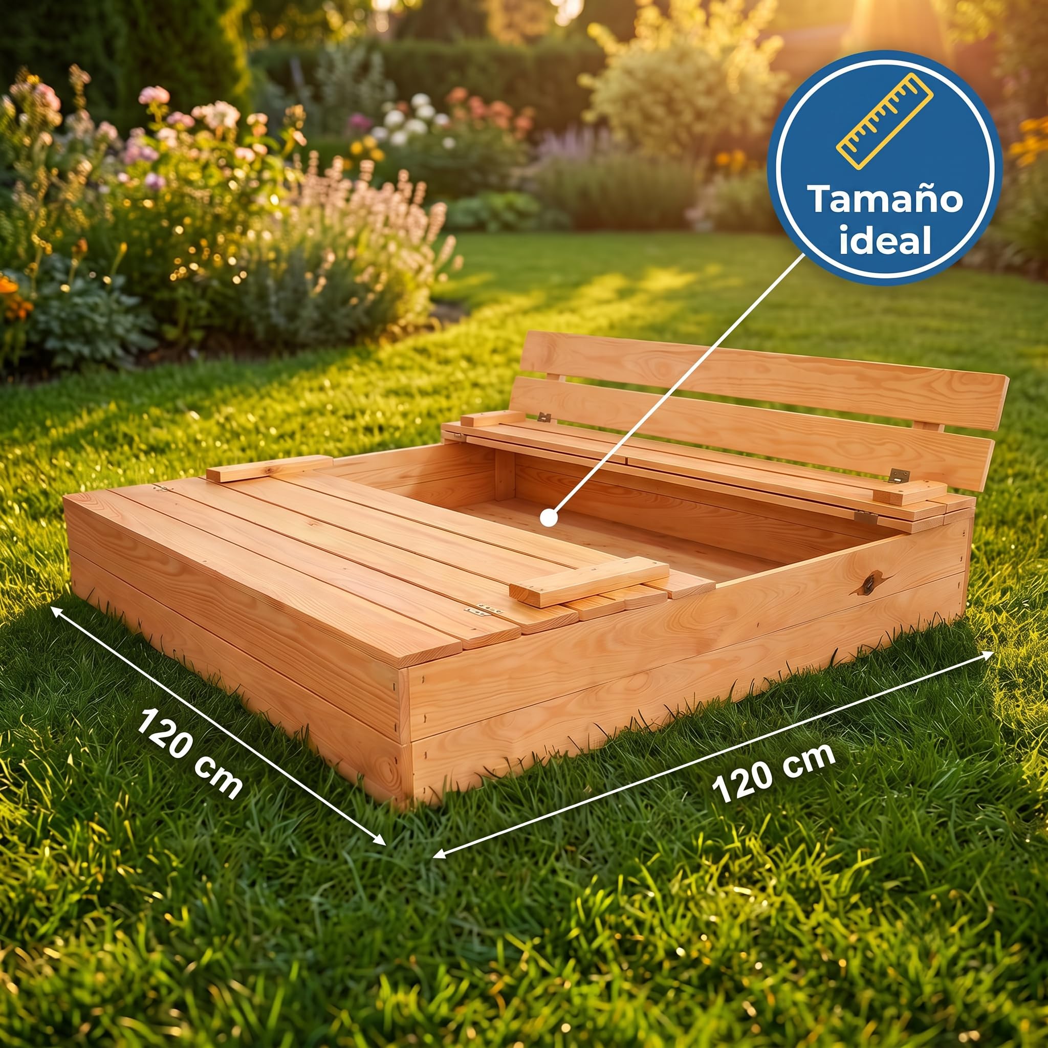 VELORA H&L Arenero Infantil de Madera con Tapa y 2 Bancos 120 x 120 cm – Caja de Arena 2 en 1 para Niños, Jardín y Exterior, Tela de Fondo Incluida