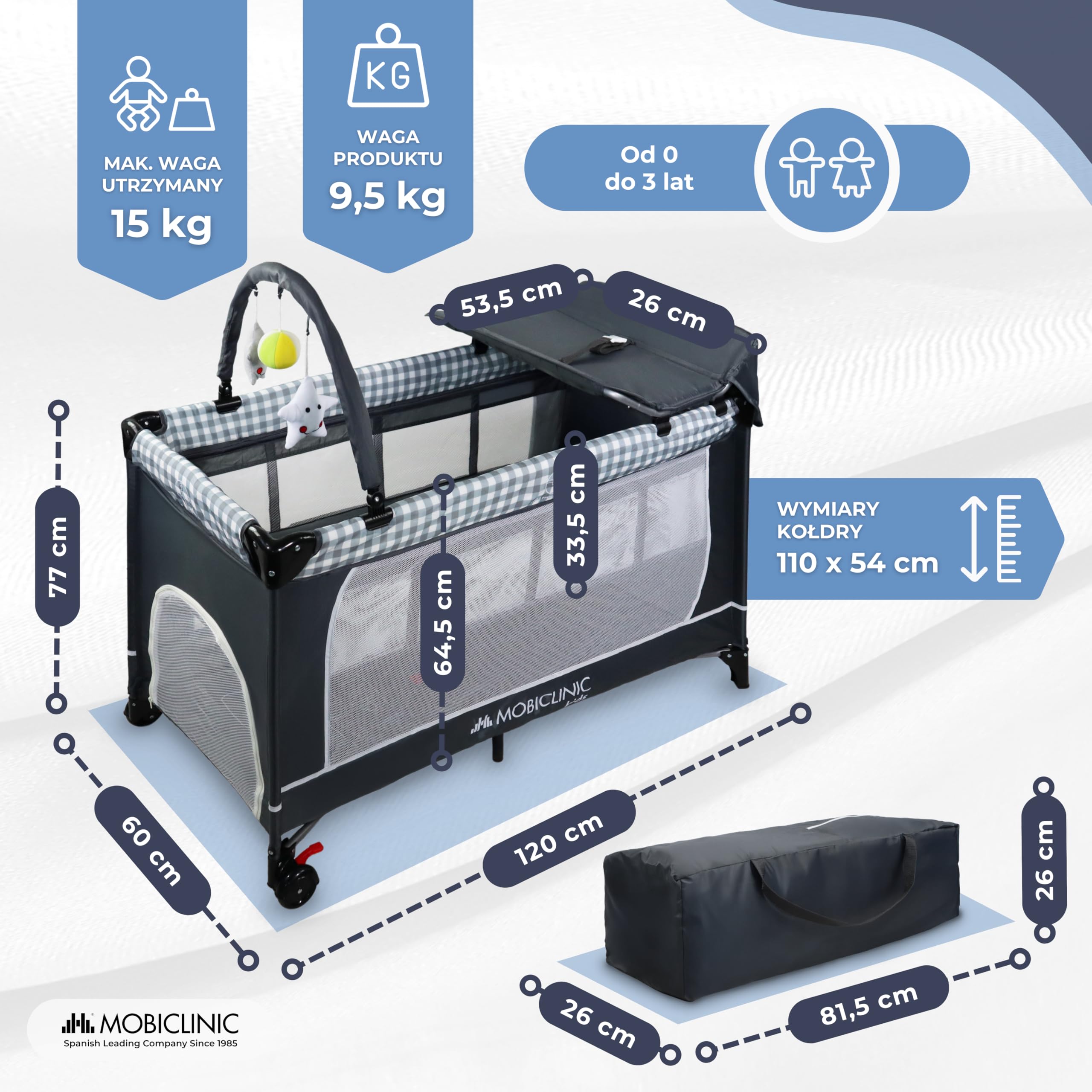 Mobiclinic®, Łóżeczko dziecięce 3 w 1, Kojec, Z przewijakiem, Od 0 miesięcy do 15 kg, Bocznym wyjściem, Kółkami hamulcem, Torbą przechowywania, Składane, Caelum, Oddychająca tkanina