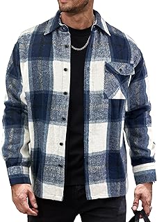 Mens Flannel Shirts Jackets Casual Shackets Button Down Long Sleeve Plaid Shirt Lightweight Jackets with Pockets