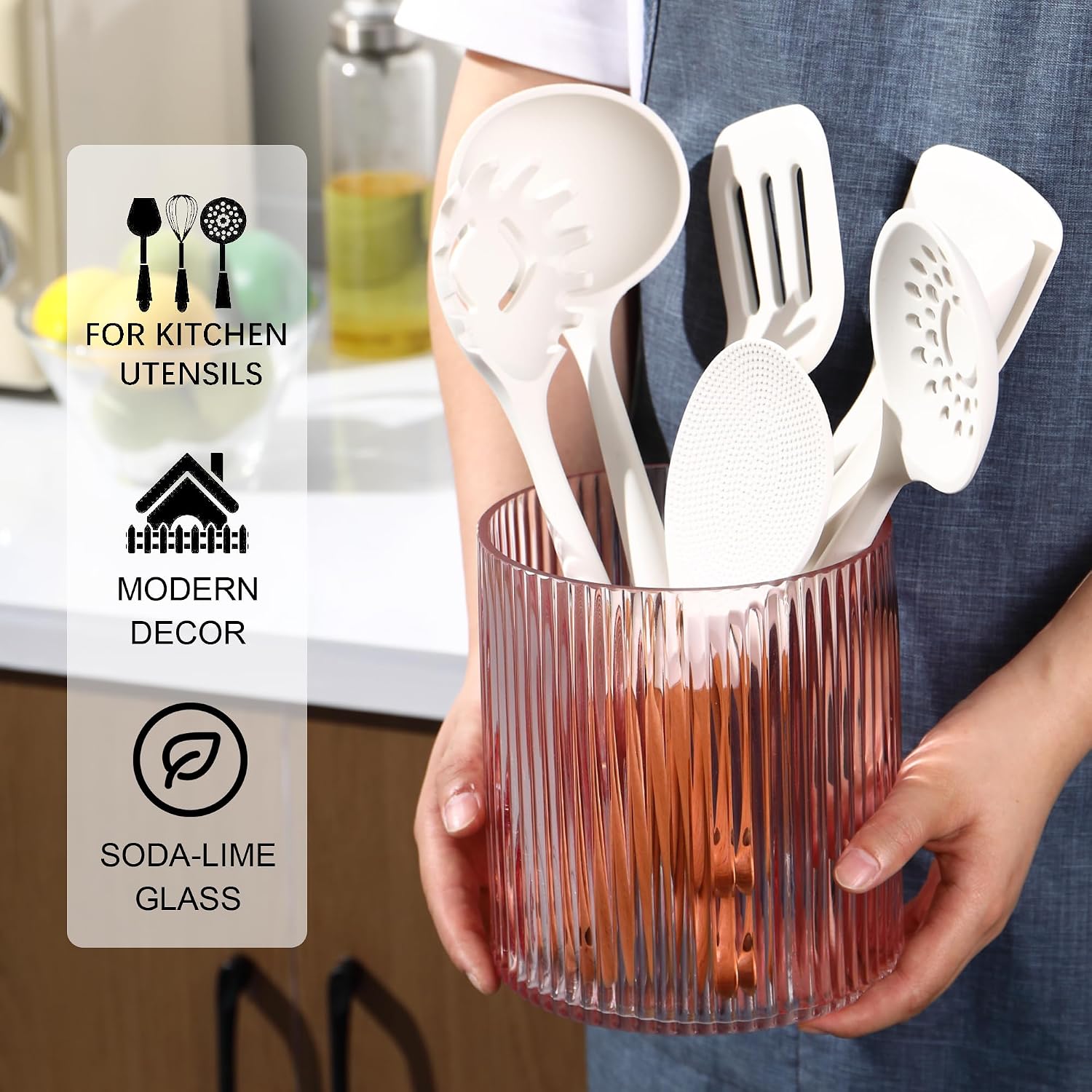Pink Utensil Holder, 6.3" Glass Kitchen Utensil Holder for Countertop, Large Cooking Utensil Holders for Kitchen Counter, Utensil Crocks for Farmhouse Decor