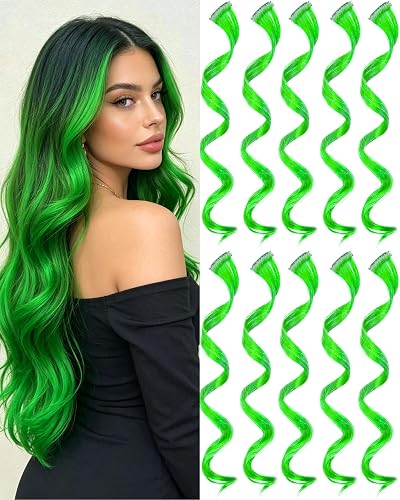 10 PCS Green Hair Extensions, Colorful Curly Wavy Hair Accessories 17 Inch | Olldag Clip-in Synthetic Hairpieces for Teen Girls Kids Women Gift, Parties, Daily Styling and St. Patrick’s Day - Green