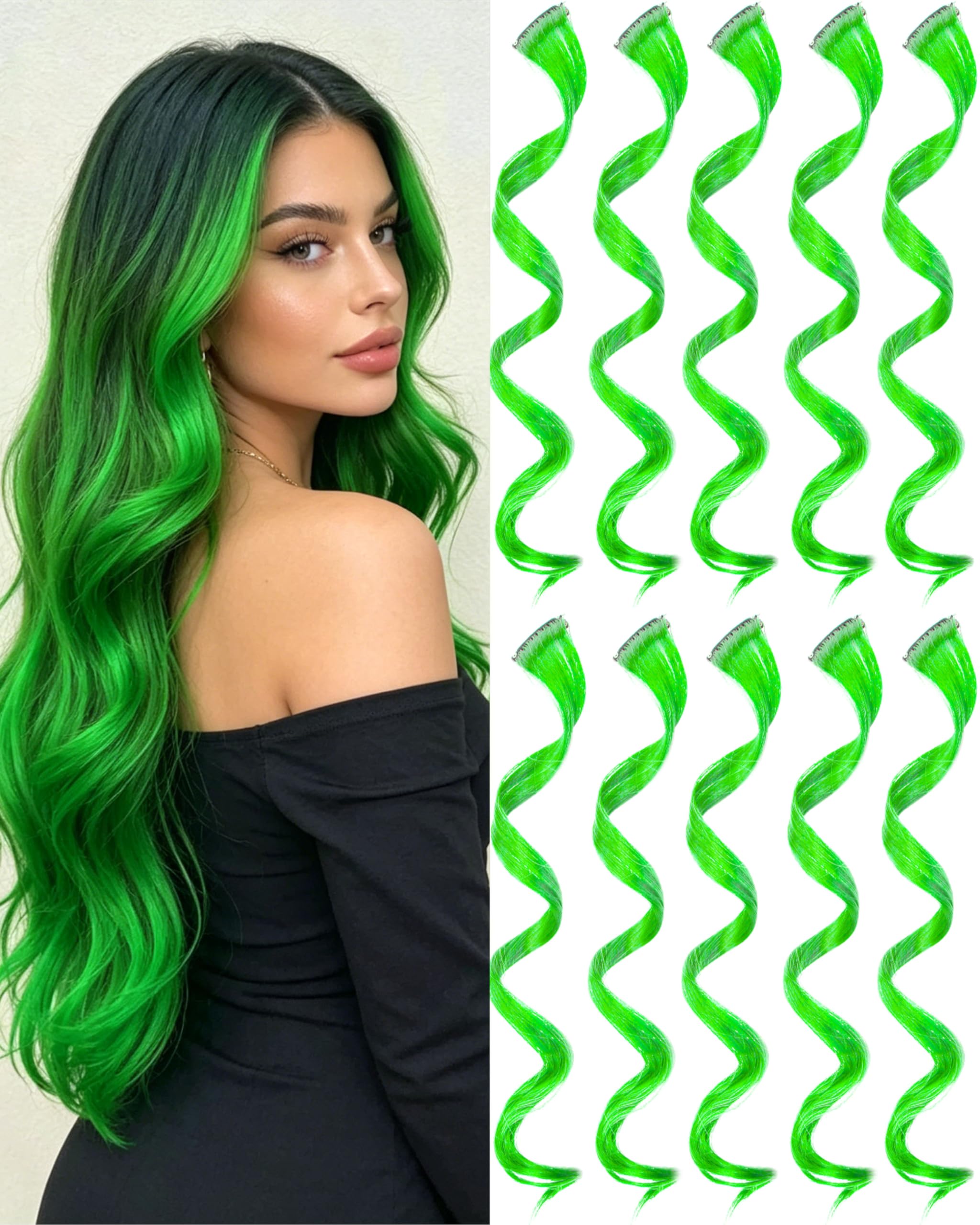 Photo 1 of 10 PCS Green Hair Extensions, Colorful Curly Wavy Hair Accessories 17 Inch
