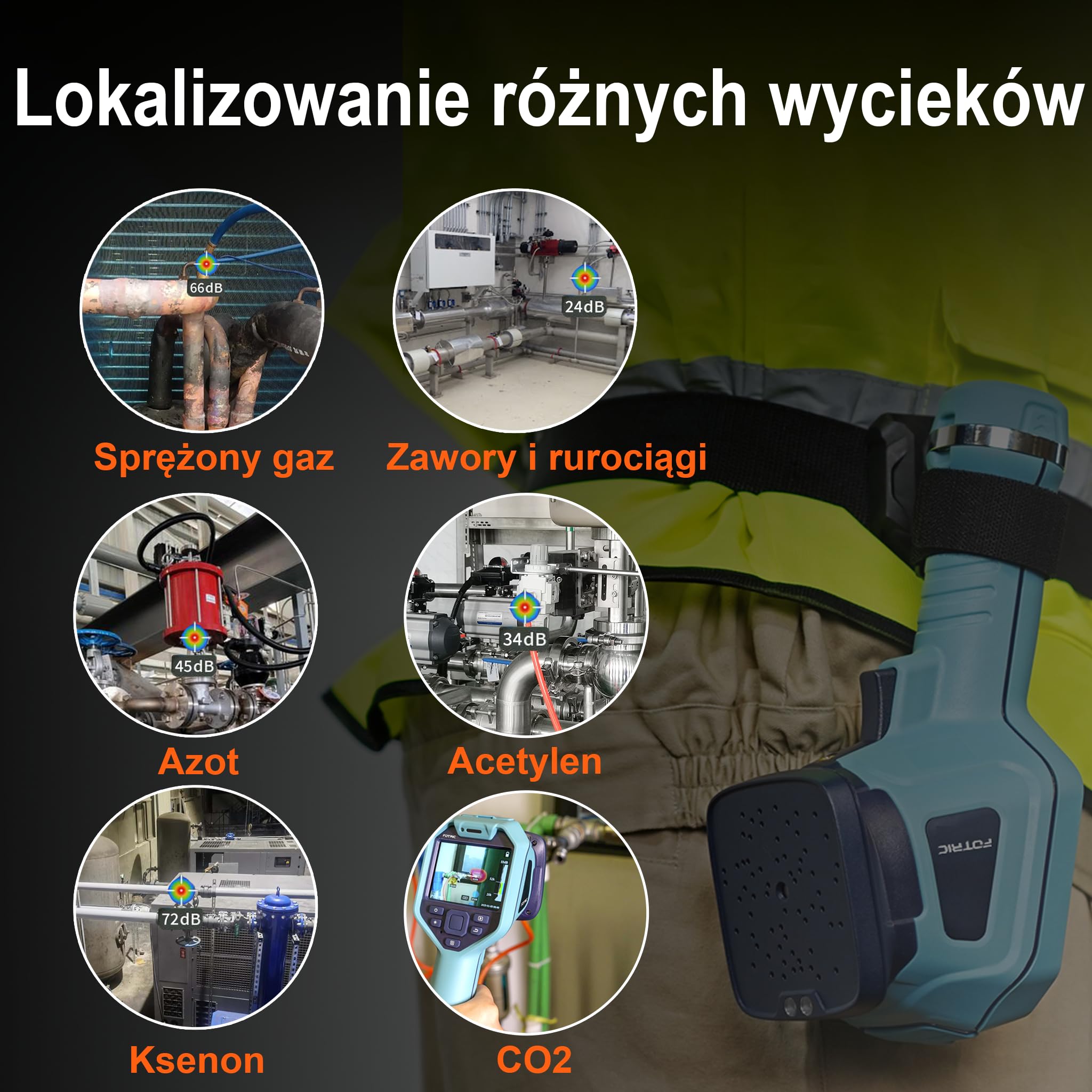 TD2e Kamera akustyczna, 64 mikrofony MEMS, detektor nieszczelności sprężonego powietrza, gazu i instalacji próżniowych, 2–100 kHz, ekran 3,5", 5 MP, przemysł, HVAC, utrzymanie ruchu