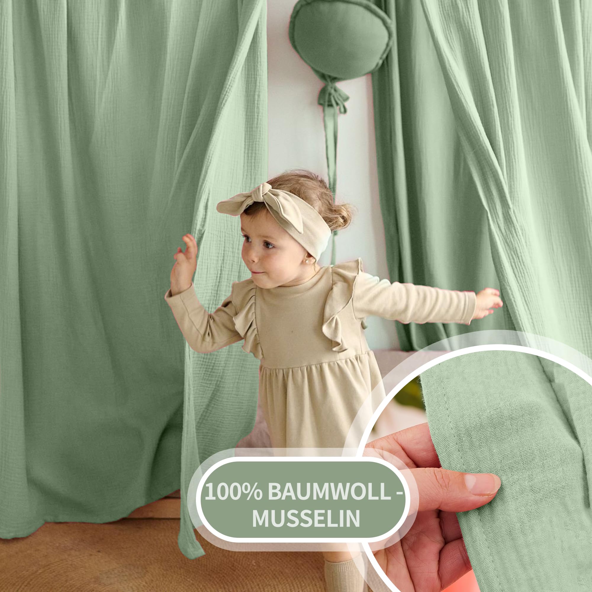 Juego de Decoración para Cama de Casa: Dosel de Muselina, 2 Doseles y 1 Banderín para Habitación Infantil - 67 x 270 cm