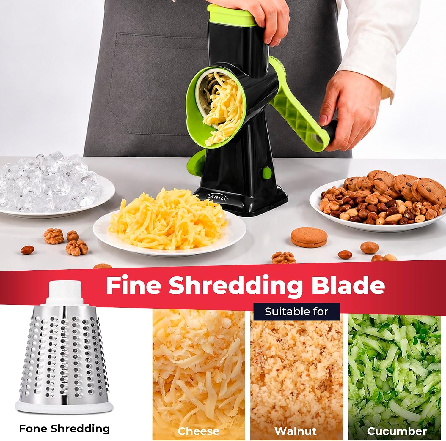 Rotary Cheese Grater Vegetable Slicer - 4-in-1 Food Shredder & Mandoline Chopper with Handle, Suction Base & 3 Stainless Steel Blades, BPA Free Kitchen Gadget, Green