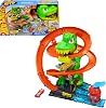 Hot Wheels Toy Car Track Set City T-Rex Fire Battle Playset and 1:64 Scale Die-Cast Vehicle Over 45 cm Tall Multiple Race Exits Moving Dinosaur Eyes JBM73