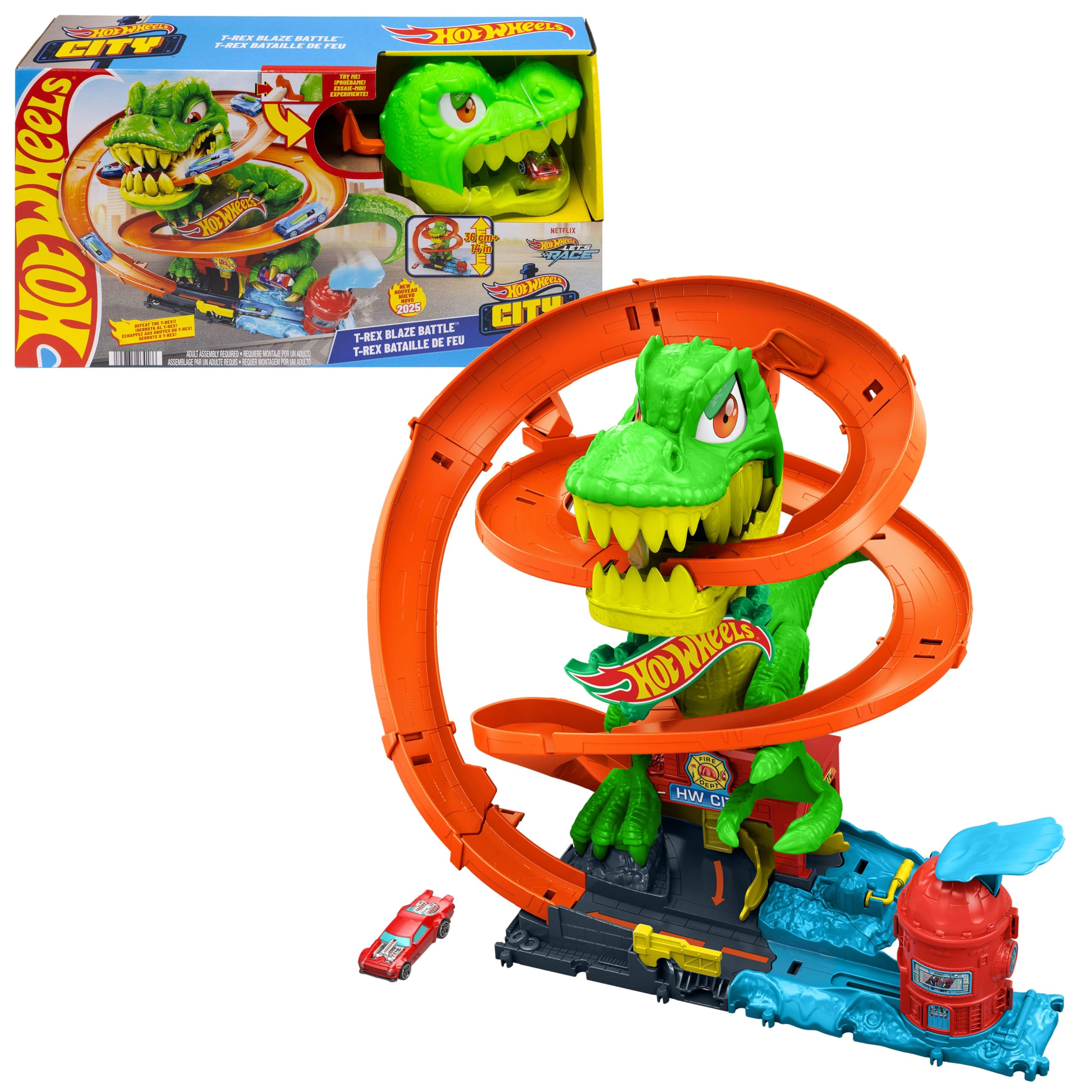Hot Wheels Spielzeugauto-Trackset, City T-Rex Feuerschlacht Spielset und Die-Cast-Fahrzeug im Maßstab 1:64, über 45 cm groß, mehrere Rennausgänge, bewegliche Dinosaurieraugen, JBM73