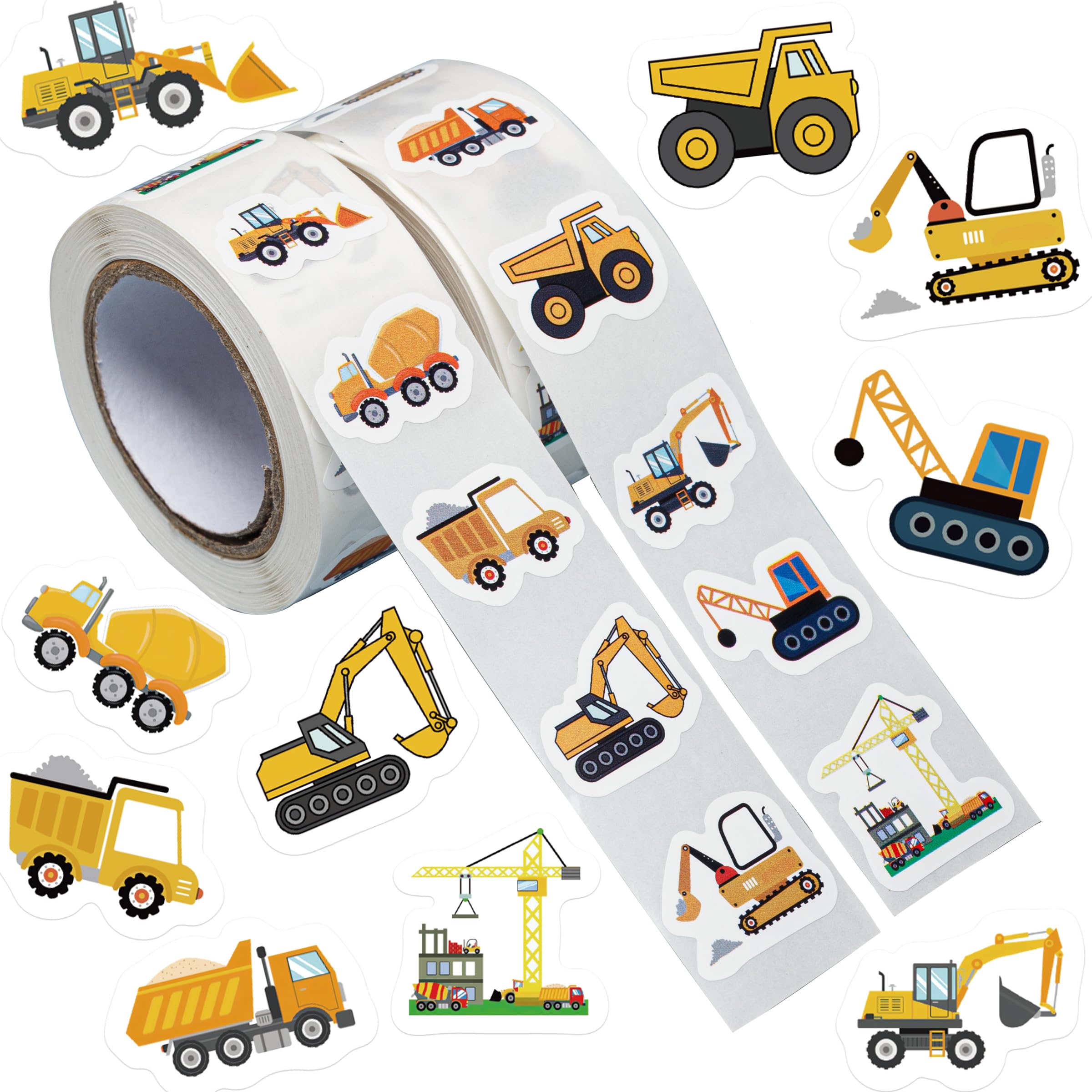 1000 Stück Baufahrzeug-Aufkleber, Rolle, 2 Rollen, 10 Stile, selbstklebende Aufkleber für Kinder, wasserdicht, für LKWs, Bagger, Geburtstagsfeiern und Klassenzimmer-Belohnungen (Fahrzeug-Thema)