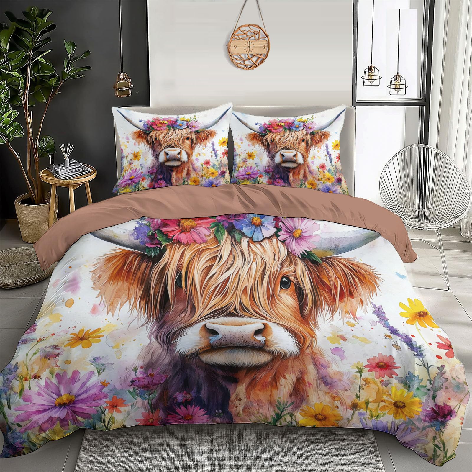 Housse de couette 140x200 vache florale lit 2 personnes avec fermeture éclair