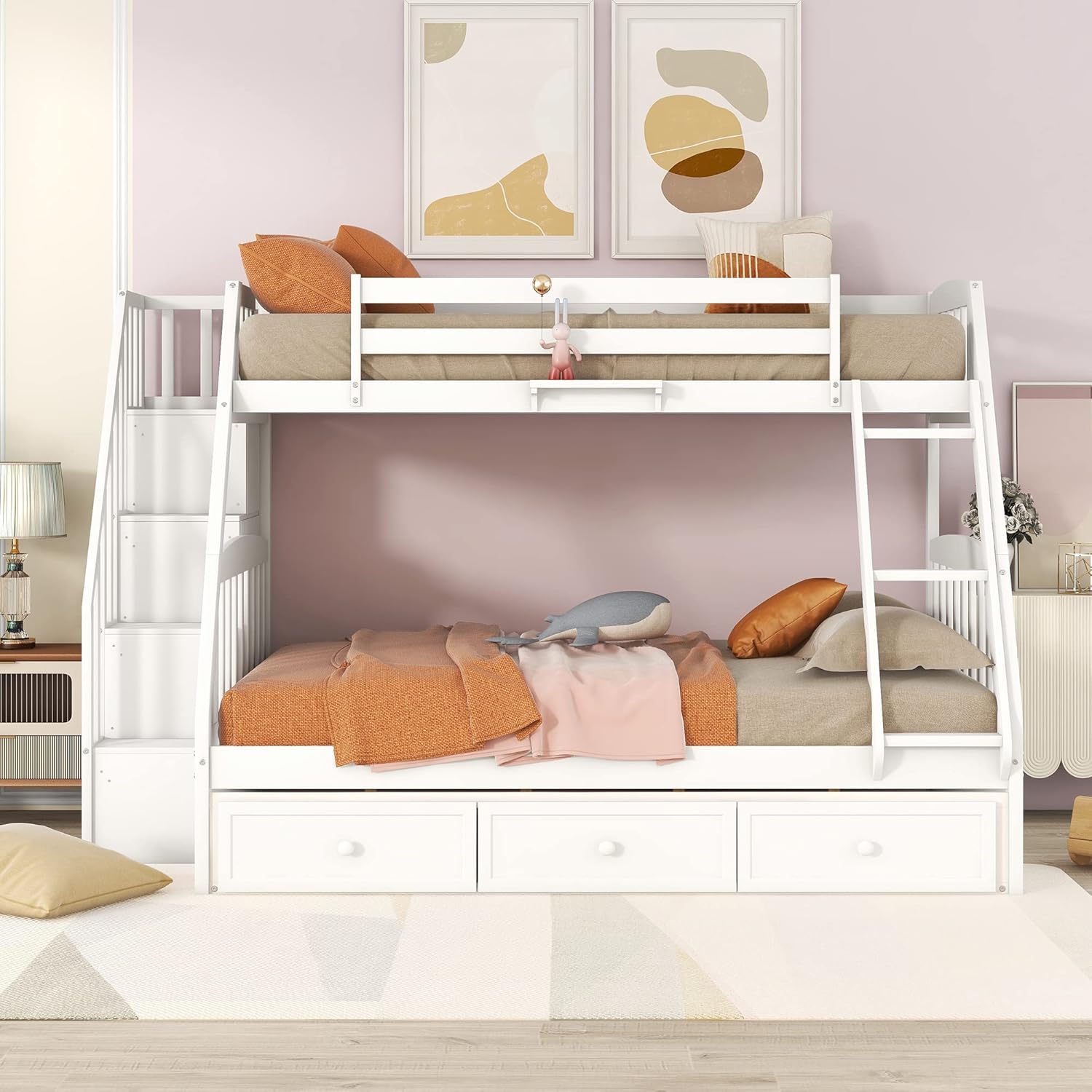 Twin-Over-Full Bunk Bed with Storage Staircase and 3 Drawers, Solid Wood Bunk Beds Frame with Guardrails and Ladders, Can be Convertible into 2 Beds, No Box Spring Needed, White